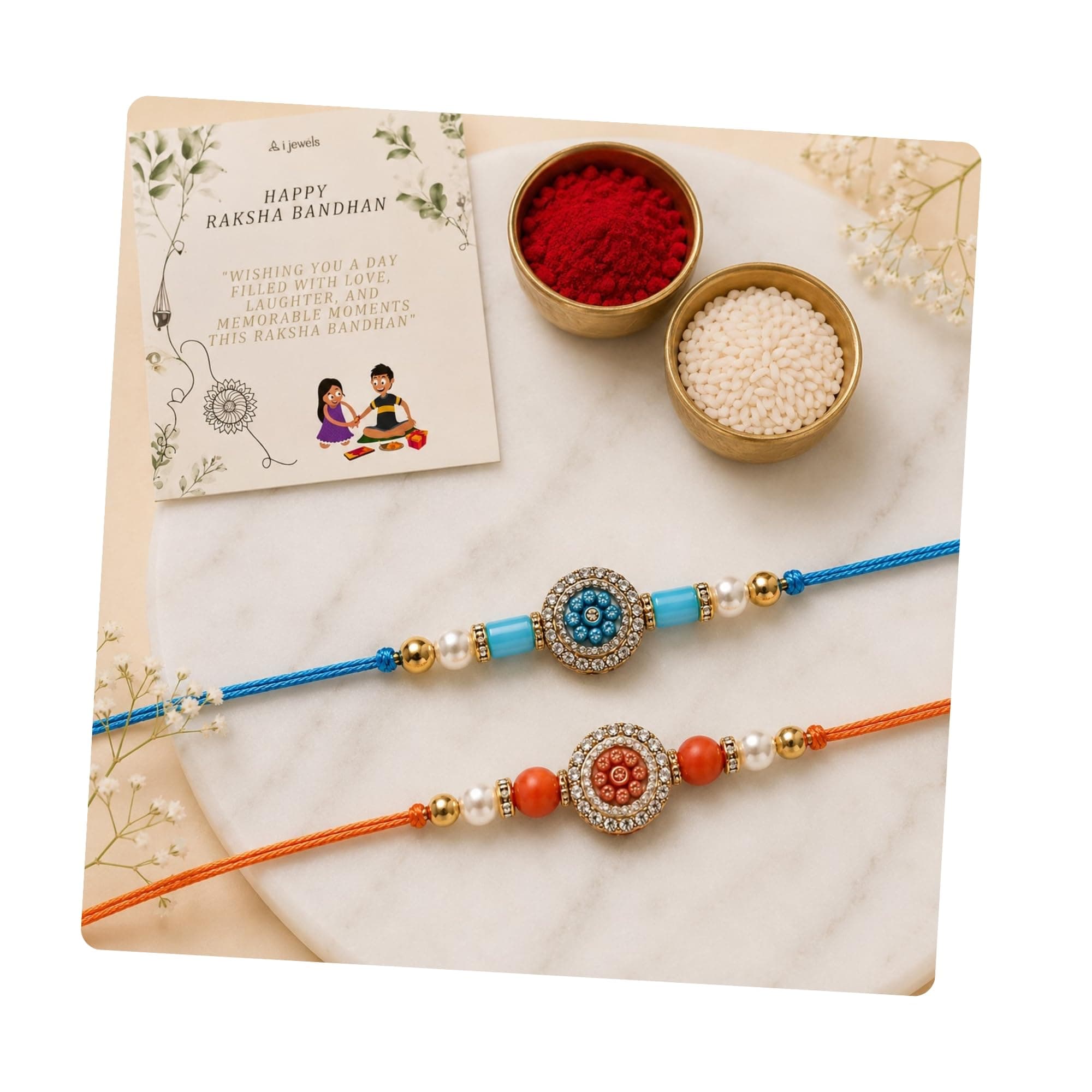 I Jewels Traditional Designer Pack of 2 Rakhis with Decorative Crystal Work, Beads and Pearl Style Accents for Men Boys Brother Roli Chawal & Raksha Bandhan Card (Style 2)
