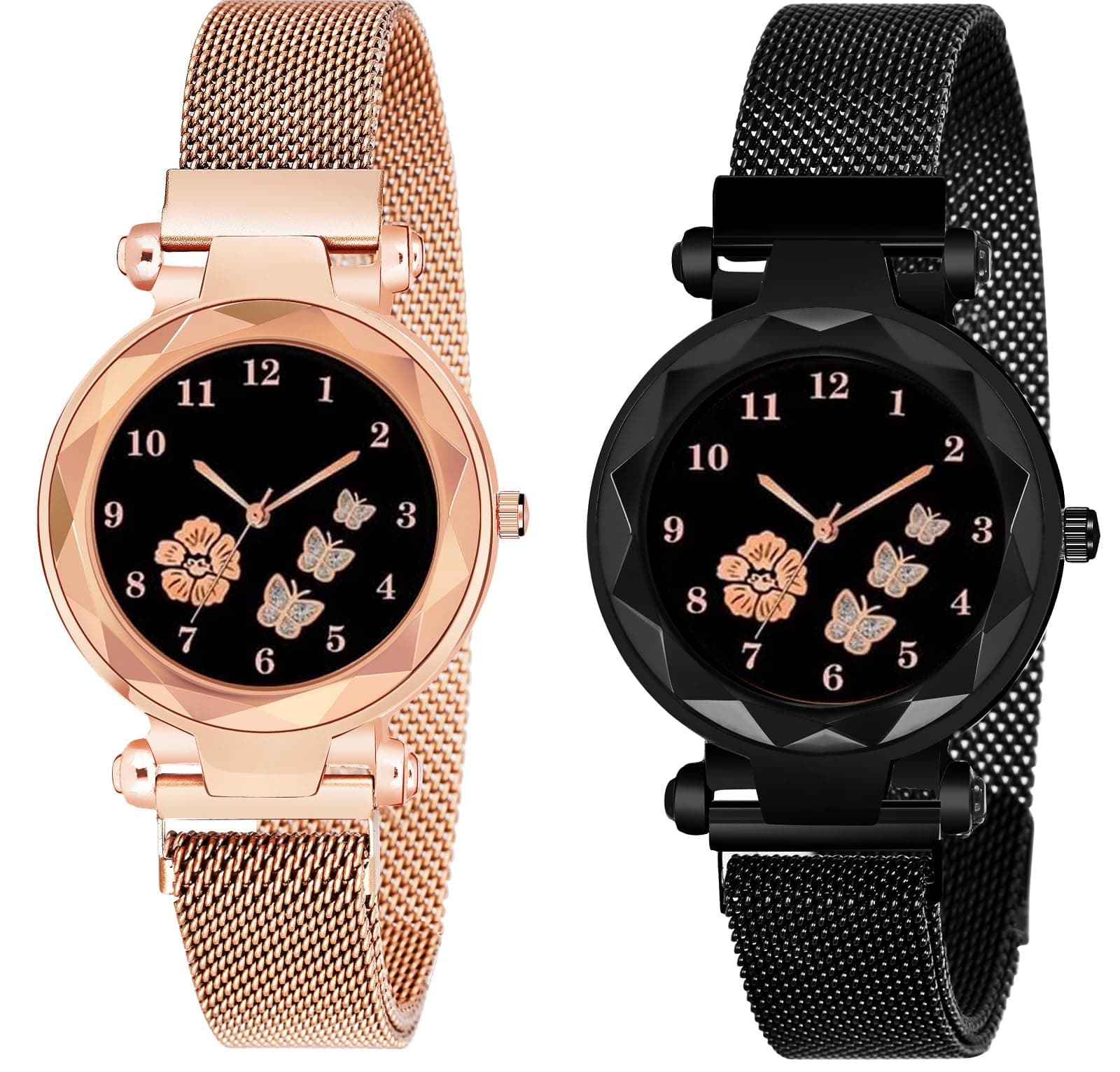 CERO New Flower Butterfly Dial Mgnetic Strap Girls Analogue Stainless Steel Watch For Woman (Black-Gold)