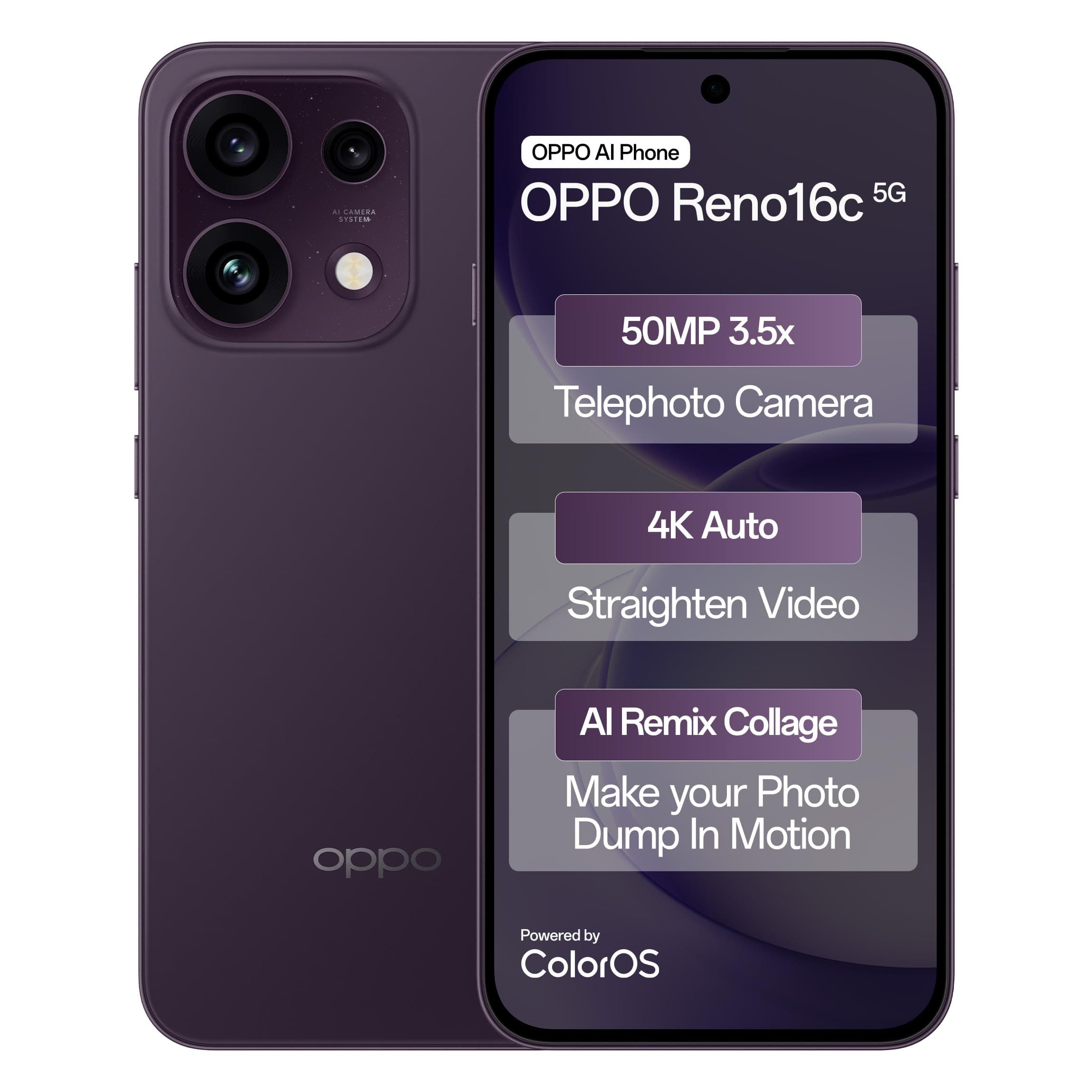 Oppo Reno16c 5G (Twilight Violet, 8GB, 256GB) | 50MP 3.5X Telephoto Camera | 4K Video | AI Remix Collage | 7000mAh 80W SUPERVOOC | ColorOS 16 | IP69K | Dimensity 7300