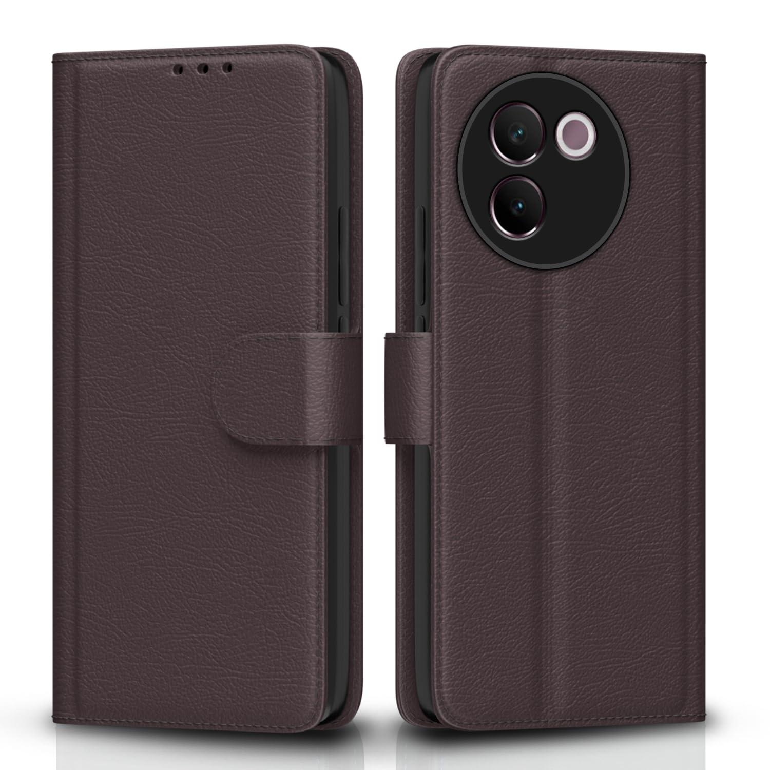 Pikkme Vivo V30e 5G Flip Cover Leather Finish | Inside TPU with Card Pockets | Wallet Stand and Shock Proof | Complete Protection Flip Case (Coffee)