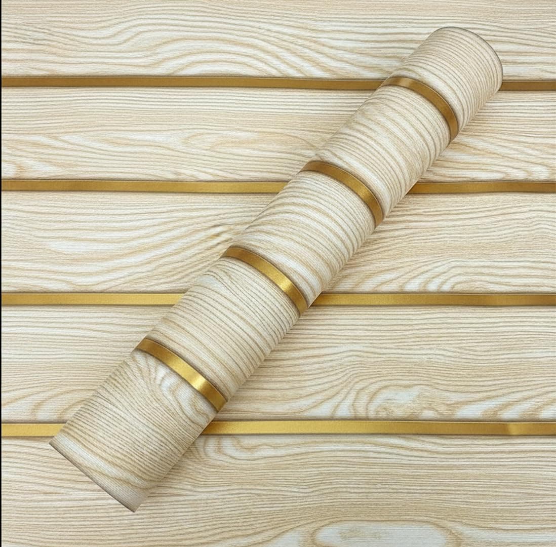 JENTOKA Premium Golden Wooden 3D Peel and Stick Wallpaper Roll 45x300cm | Waterproof PVC Self-Adhesive Vinyl Wall Sticker | Decorative Wood Texture DIY Sheet for Home, Living Room, Bedroom & Office.