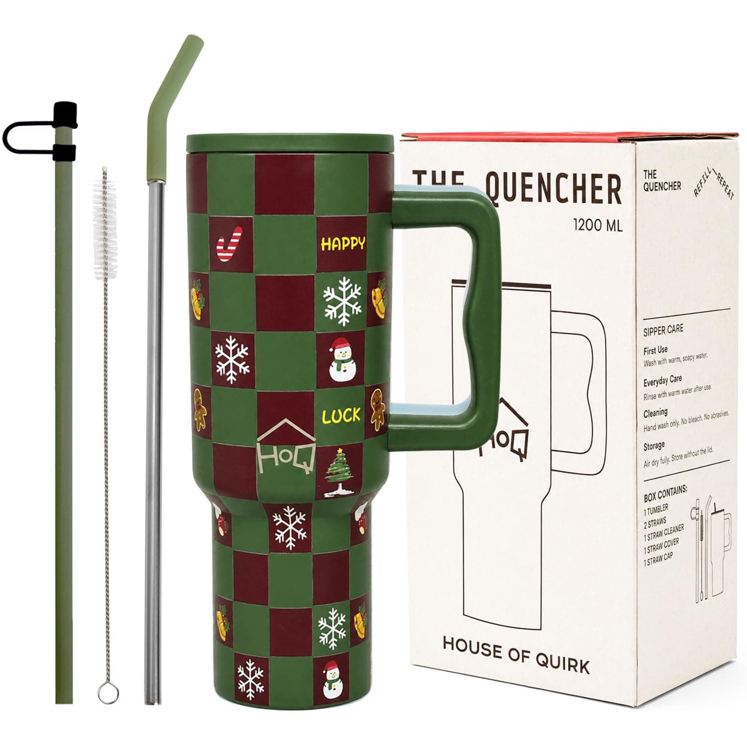 House of Quirk 1200ML Stainless Steel Tumbler with Handle & Lid, 2 Straws – Large Travel Mug Water Cup for Gym, Office & Outdoor Use (Merry Maroon)