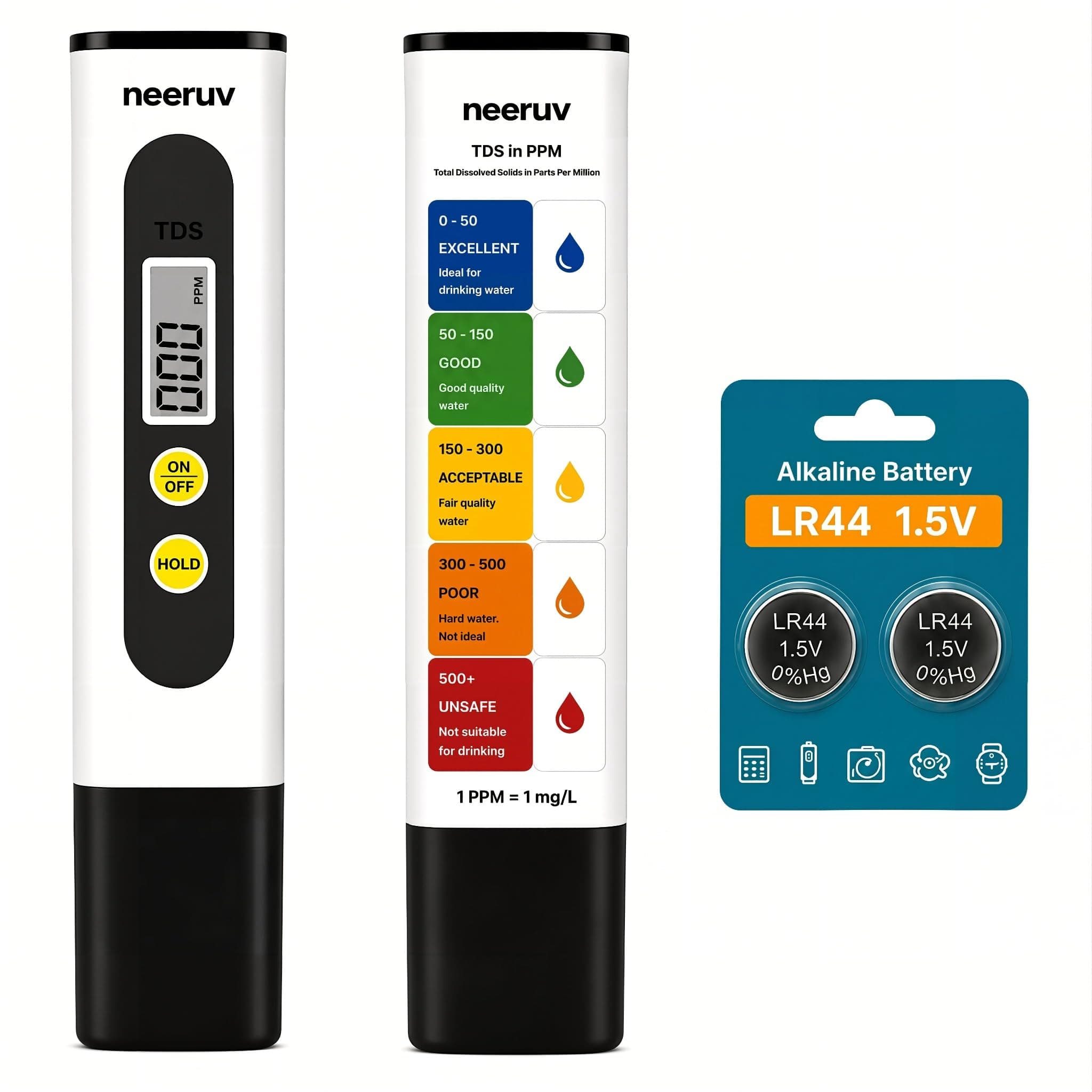 neeruv Digital TDS Meter for Water Testing | Total Dissolved Solids (PPM) Tester with LCD Display | Water Quality Checker for RO, Drinking, Aquarium & Swimming Pool (White)