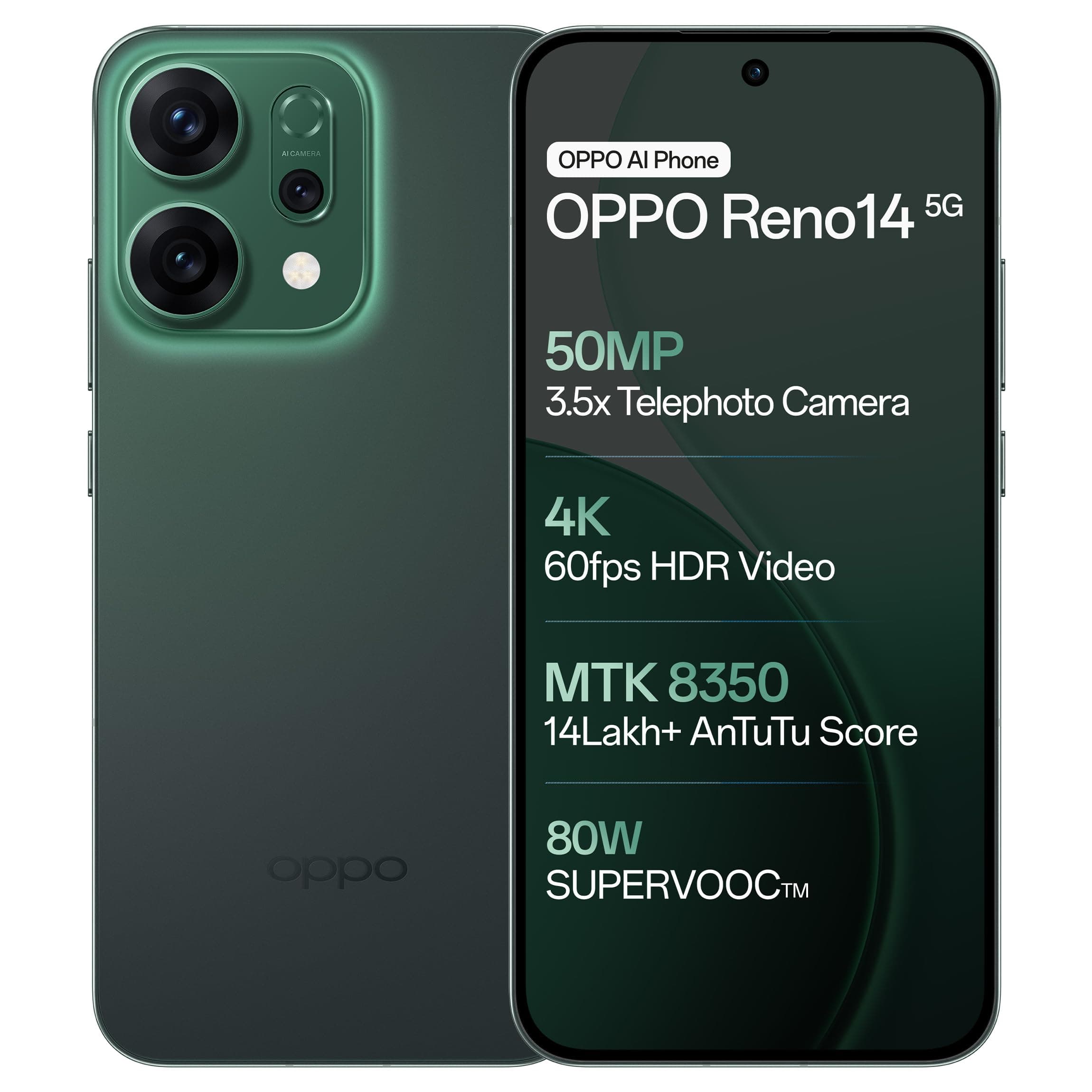 Oppo Reno14 5G (Forest Green, 8GB RAM, 256GB Storage) with No Cost EMI/Additional Exchange Offers