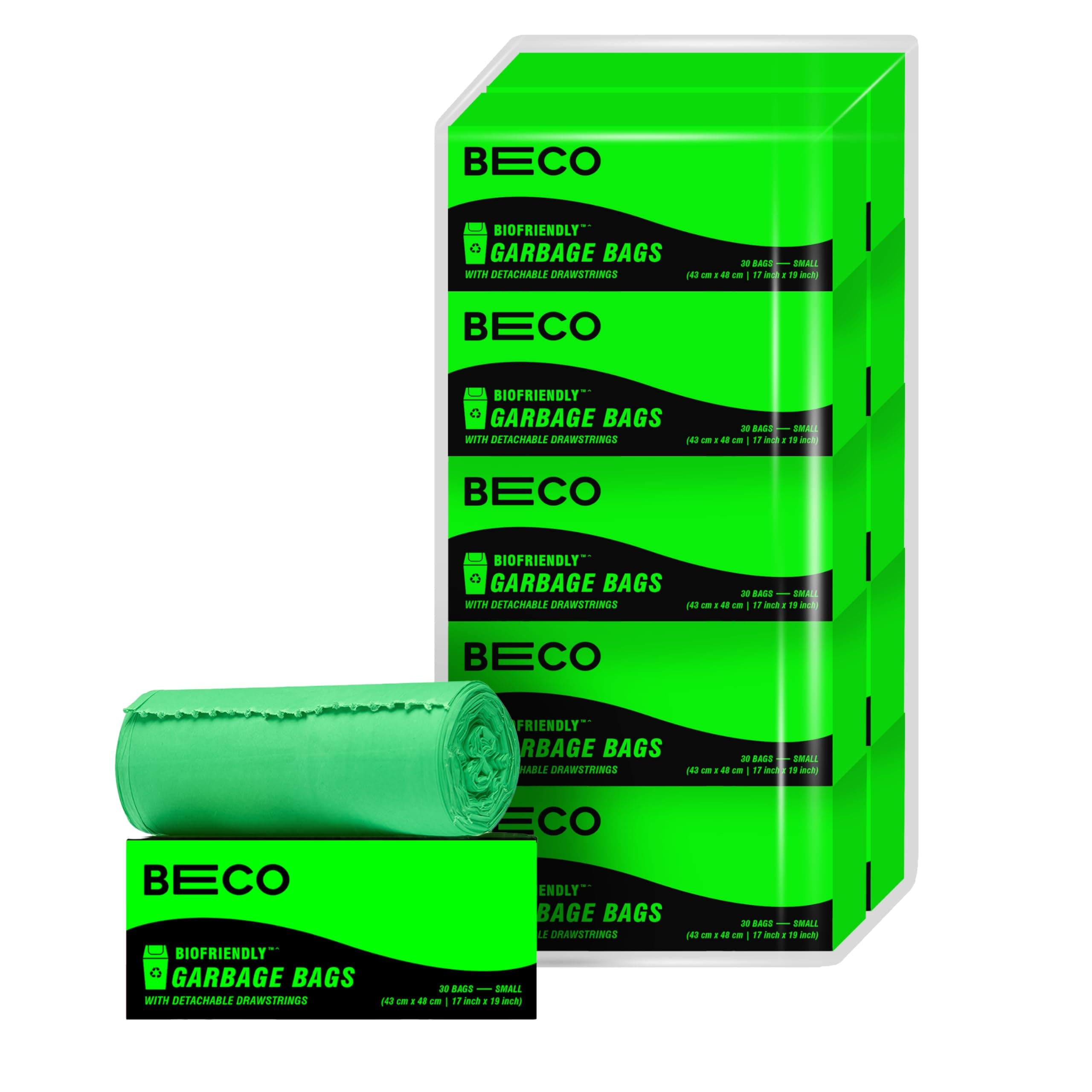 Beco Eco-Friendly Garbage Bags | 300 Pcs | Small- 17 x 19 Inches | 30 Bags x 10 Rolls | Green | Dustbin/Trash Bags with Detachable Drawstrings | For Dry & Wet waste