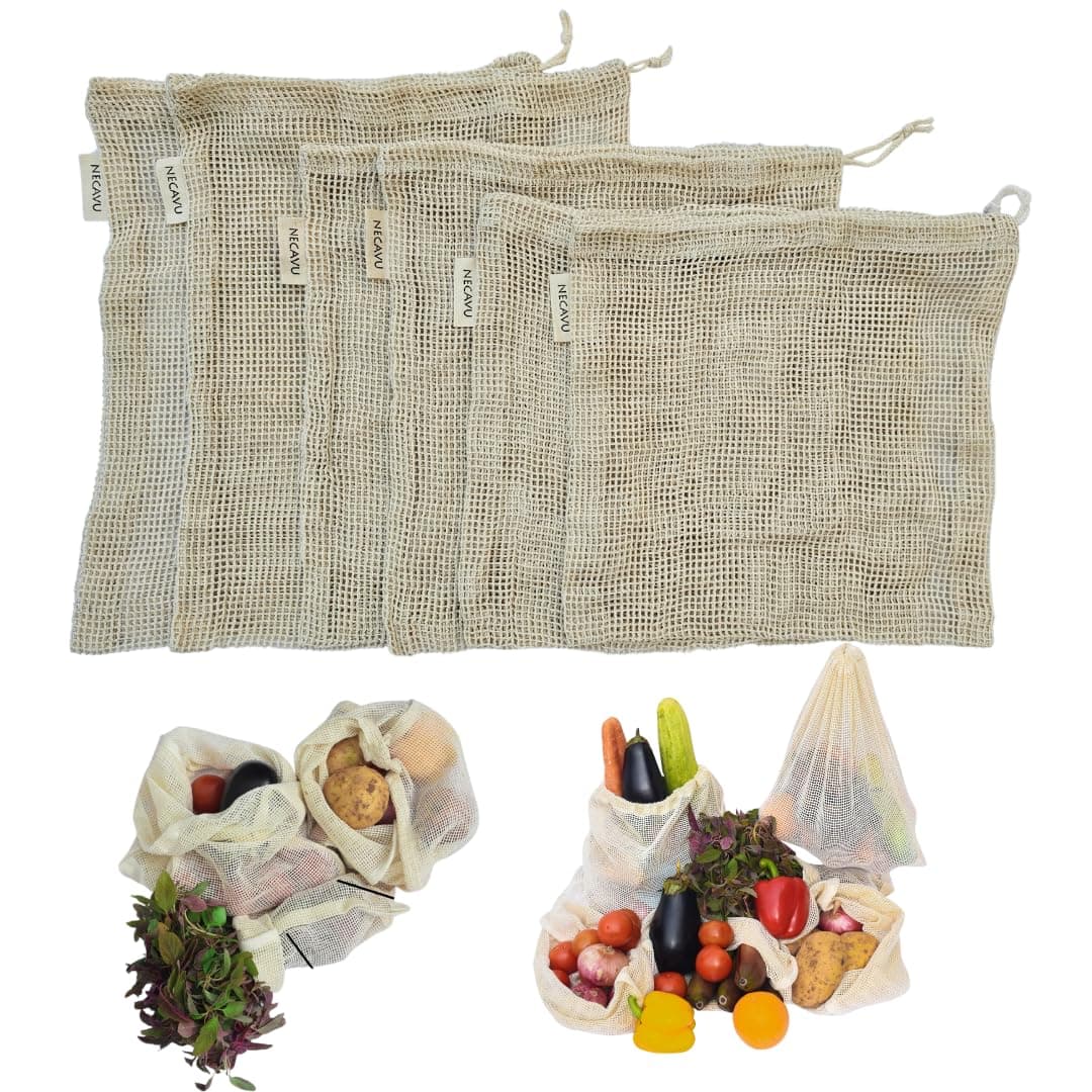 NECAVU 100% Cotton Set of 6 Fridge Drawstring Bags | Eco-Friendly Natural Vegetables Storage Mesh Net for Fridge | Multi-Purpose Cotton Mesh Bag (Natural)