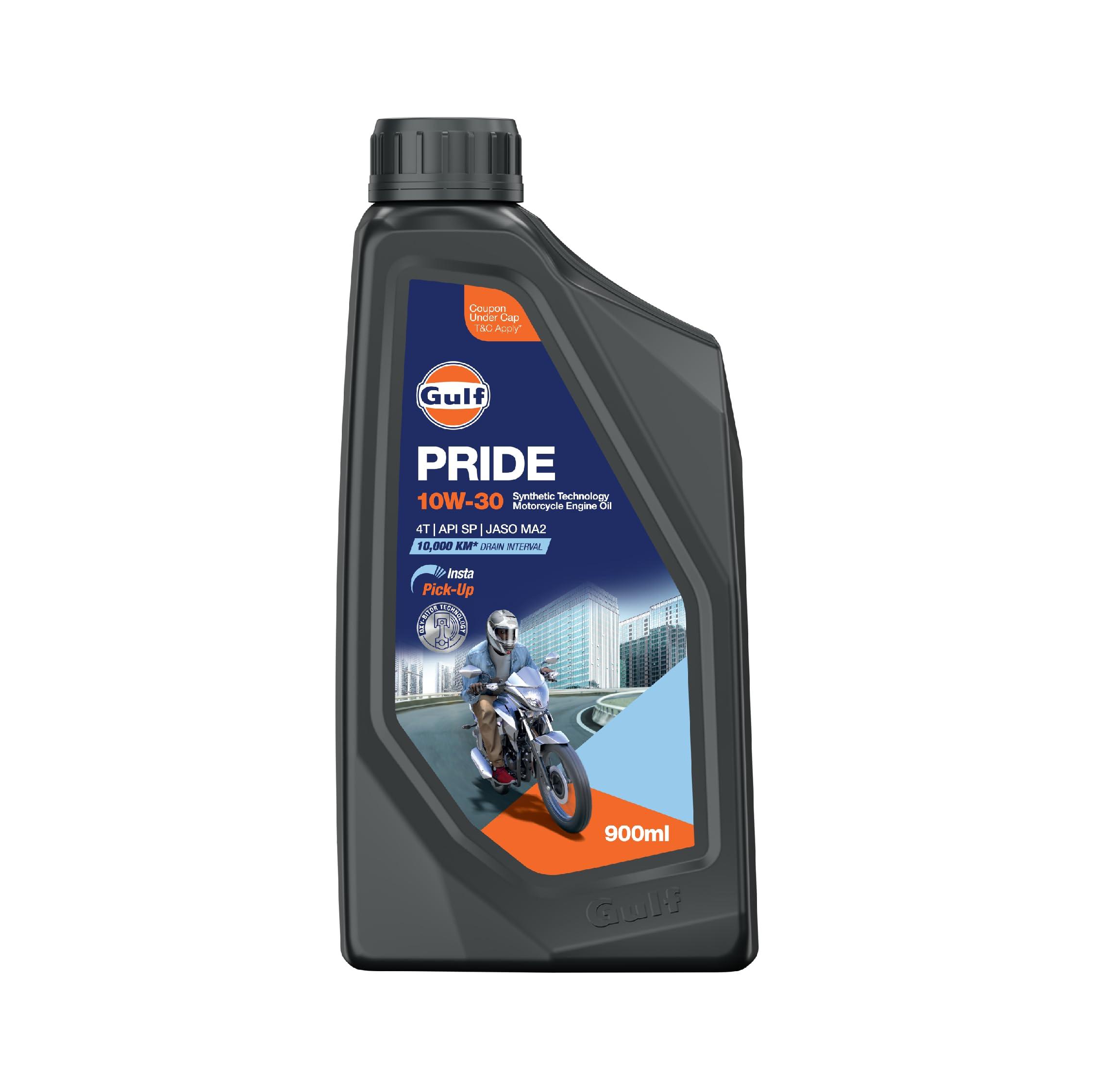 Gulf PRIDE 10W-30 4T API SP, JASO MA2|10 K Km Drain Interval|BS6 & earlier|2 Wheeler Bike 4 Stroke Synthetic Blend Engine Oil [1 L] - Pack of 1