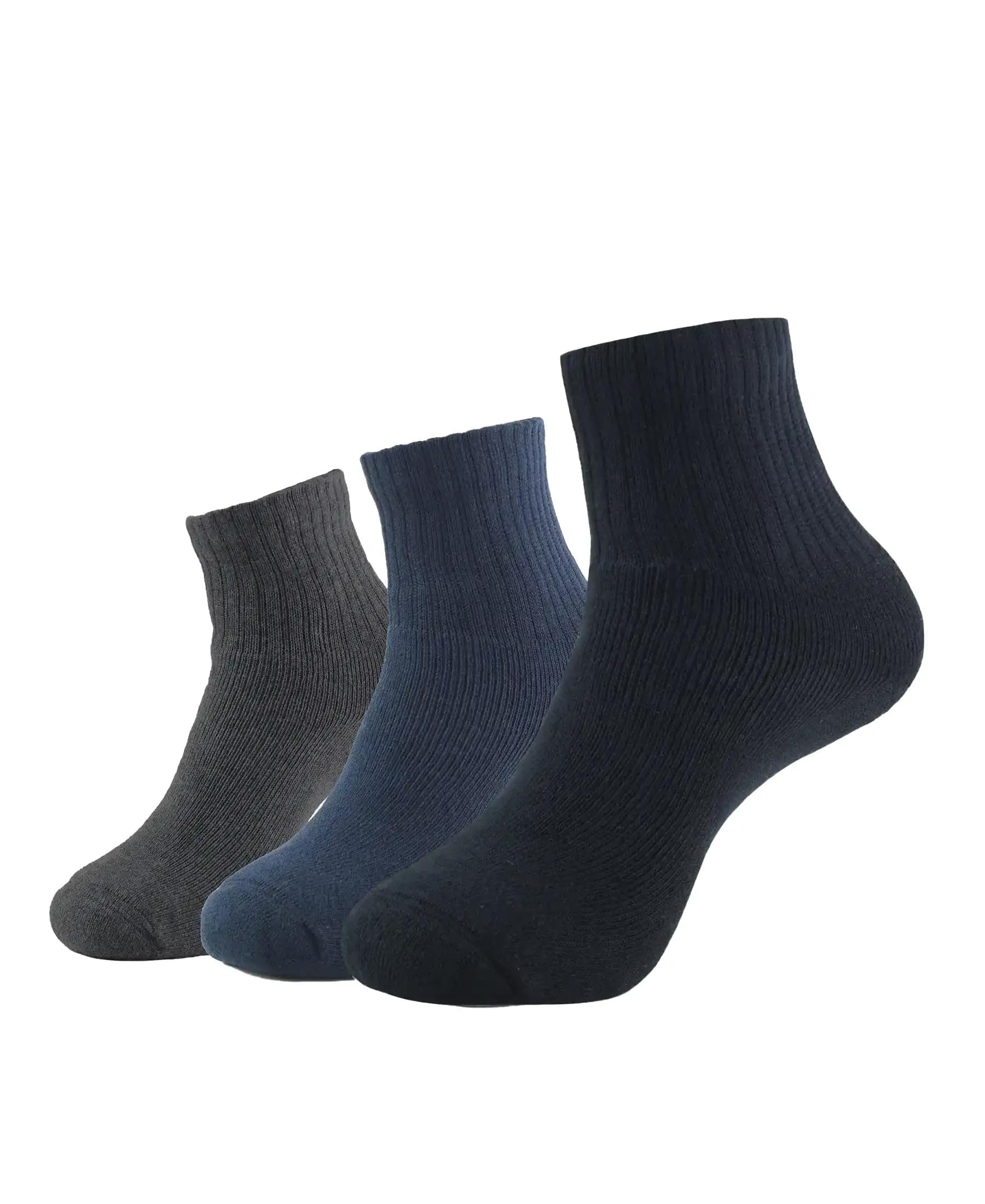 Jockey Men's Ankle Length Sports Cotton Socks (Pack of 3) 7036_Black/Navy/Char Mel_Free Size