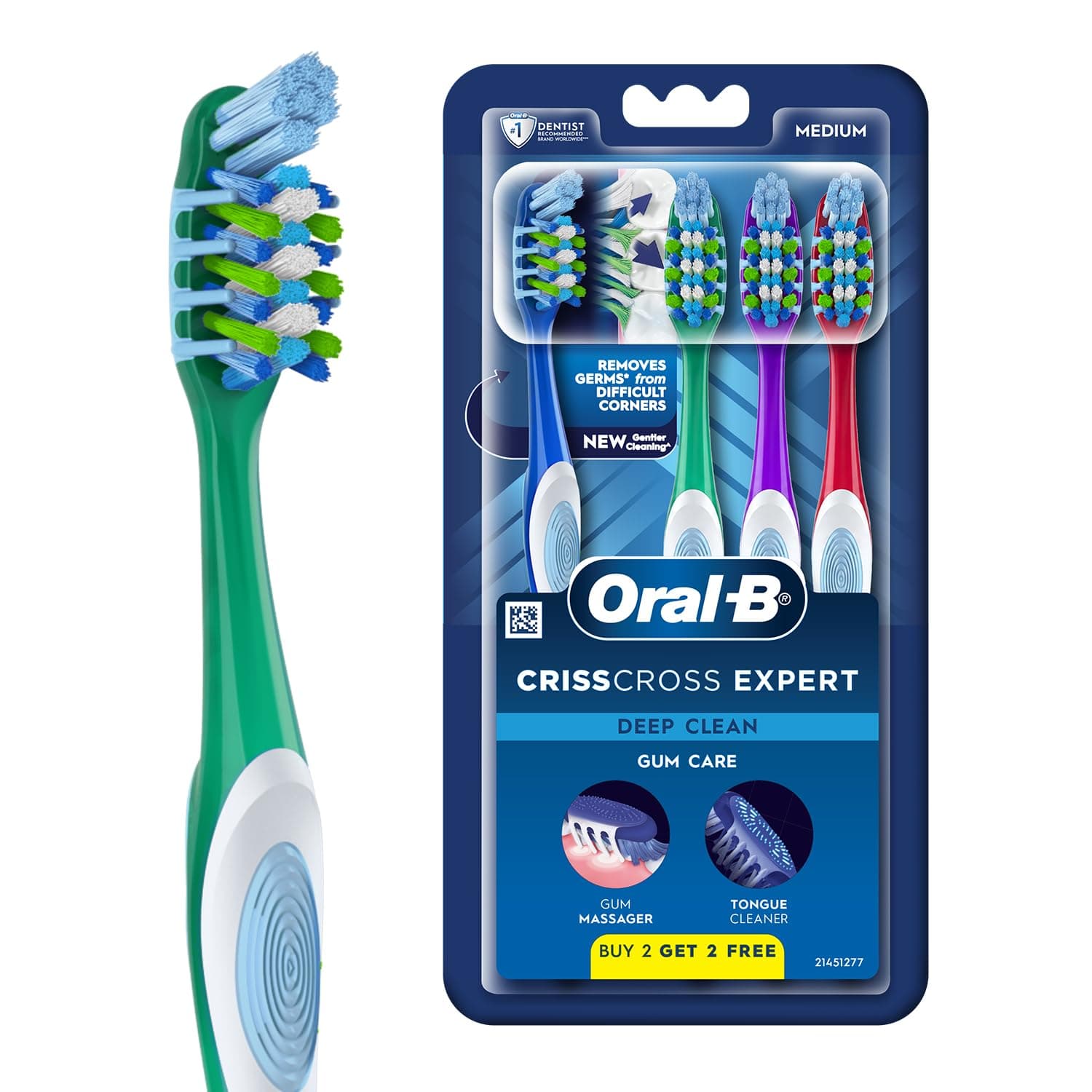 Oral-B Crisscross Gum Care Deep Clean Medium Bristles Manual Toothbrush For Adults, Multicolour Toothbrush Set, Dentist Recommended Brand (Buy 2 Get 2 Free)