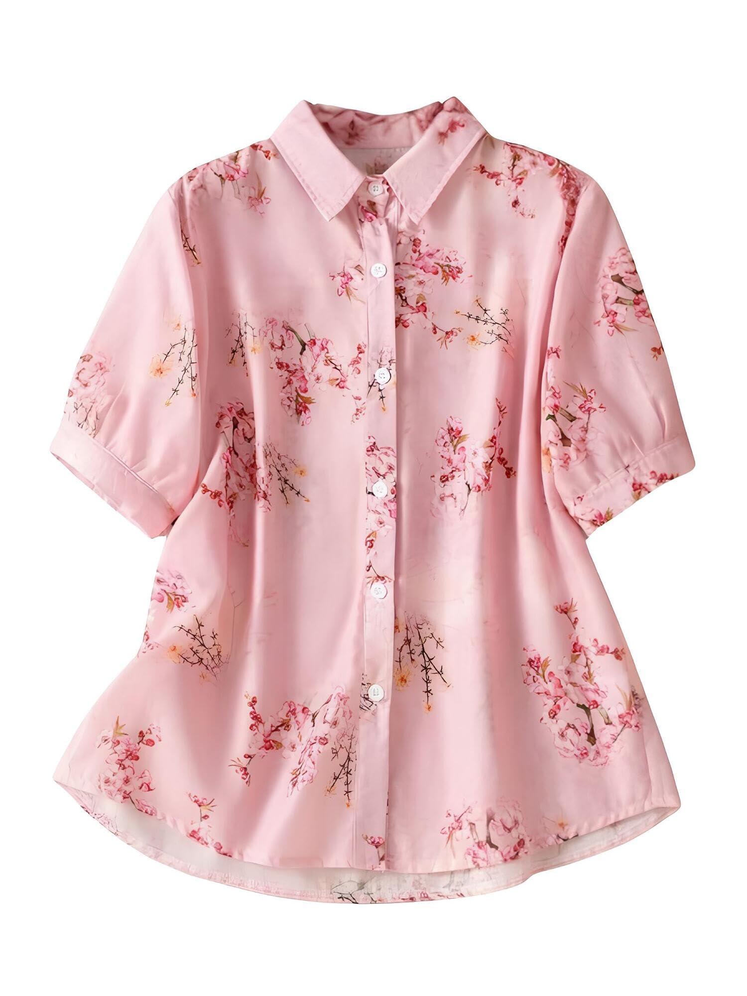Gufrina Women's Pink Floral Printed Button Down Western Shirt with Collared Neck and Half Sleeves in Relaxed Fit Style(Pink-4XL)