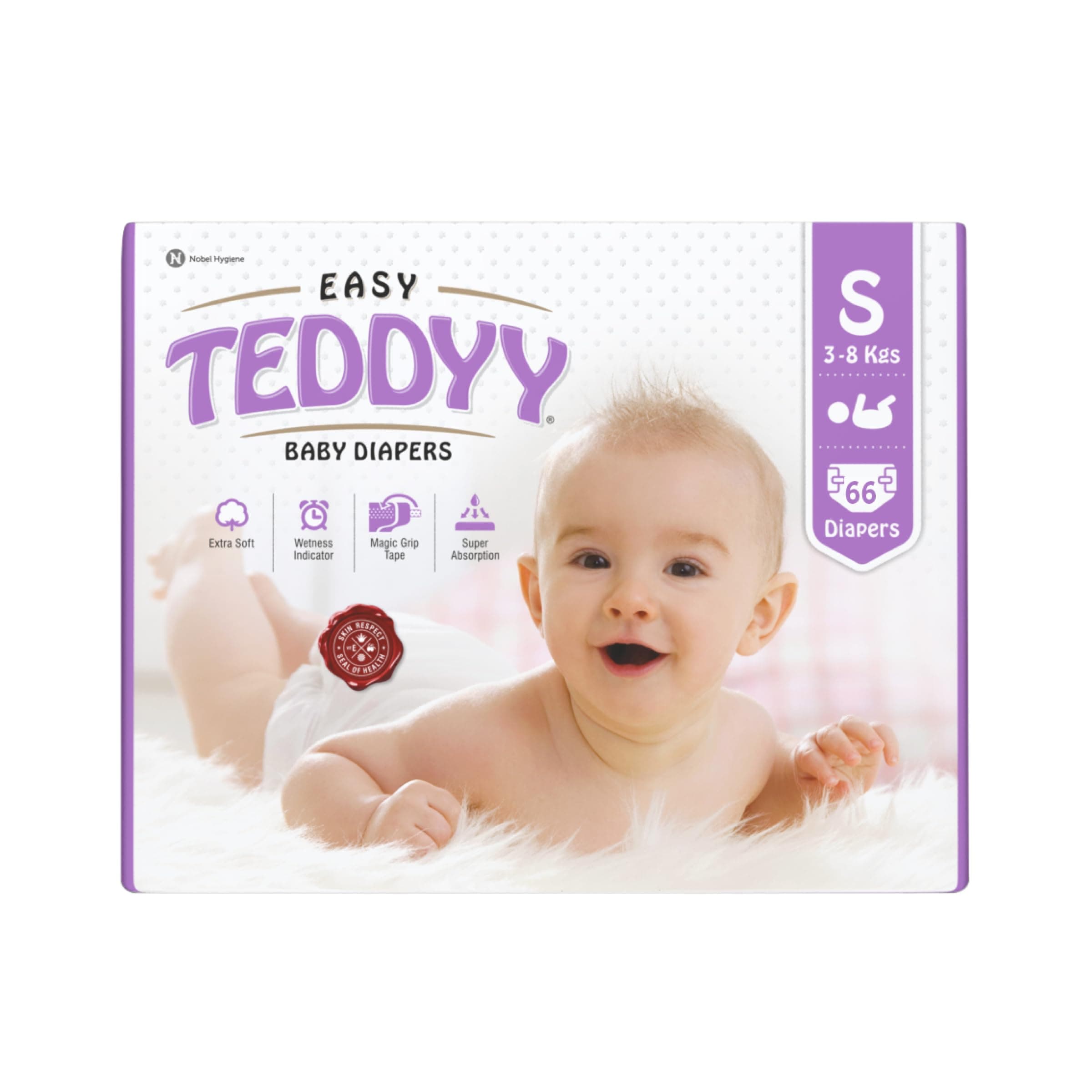 TEDDYY Easy Baby S Size Diaper Tape Style |66 Count (Small) | 3-8 kgs (Pack of 1)|Quick Absorbency | Extra Super Soft |Anti - Bacterial |Colour Changing Wetness Indicator with Adjustable Grip Tapes