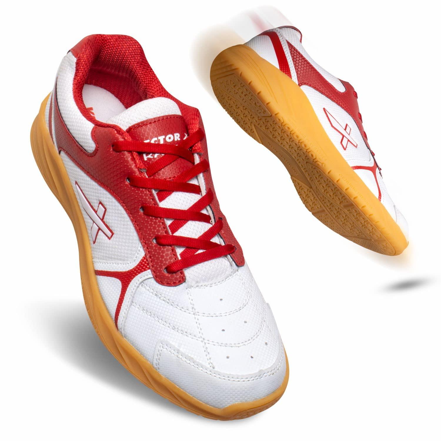 Vector X Ranger Badminton/Court Shoes Plus Non Marking Crepe Rubber Outsole, Lightweight & Comfort Shoe Best for Squash, Table Tennis,Volleyball, Basketball & Indoor Sports (White-Red) Size 9