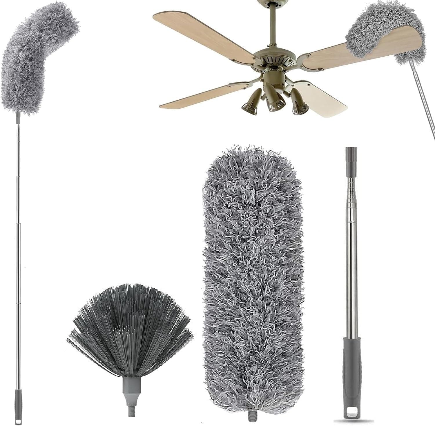 2 in 1 Long Handle Microfiber Feather Ceiling Duster for Dust Cleaning with extendable Pole 30-100 Inch with Anti Scratch Bendable Head for Cleaning High Cobweb Stick high Ceiling Fan Mop