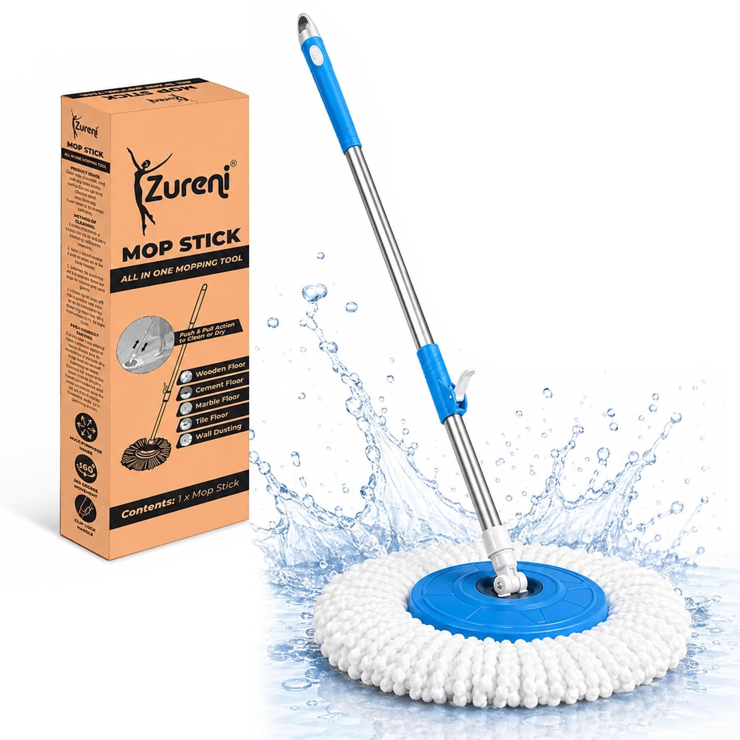 Zureni Bucket Spin Mop Stick Rod with Microfiber Head Material Refill Pocha 360° Adjustable Easy Grip 42 Inches Long Metal Handle for Wet Floor Household Industrial Cleaning & Mopping (Random Color)