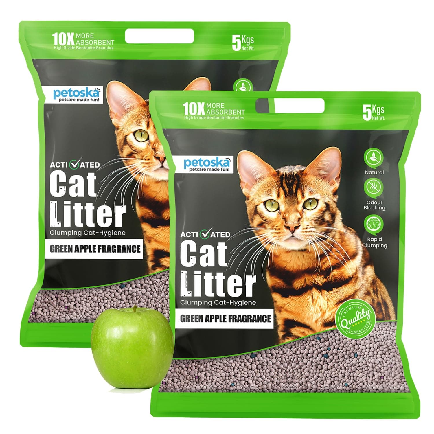 Petoska Cat Litter 10kg Green Apple | Fast-Clumping Bentonite Cat Litter with Odour Lock, Low Dust & Gentle on Paws | Fresh & Fruity Litter Box Everyday | Pack of 2