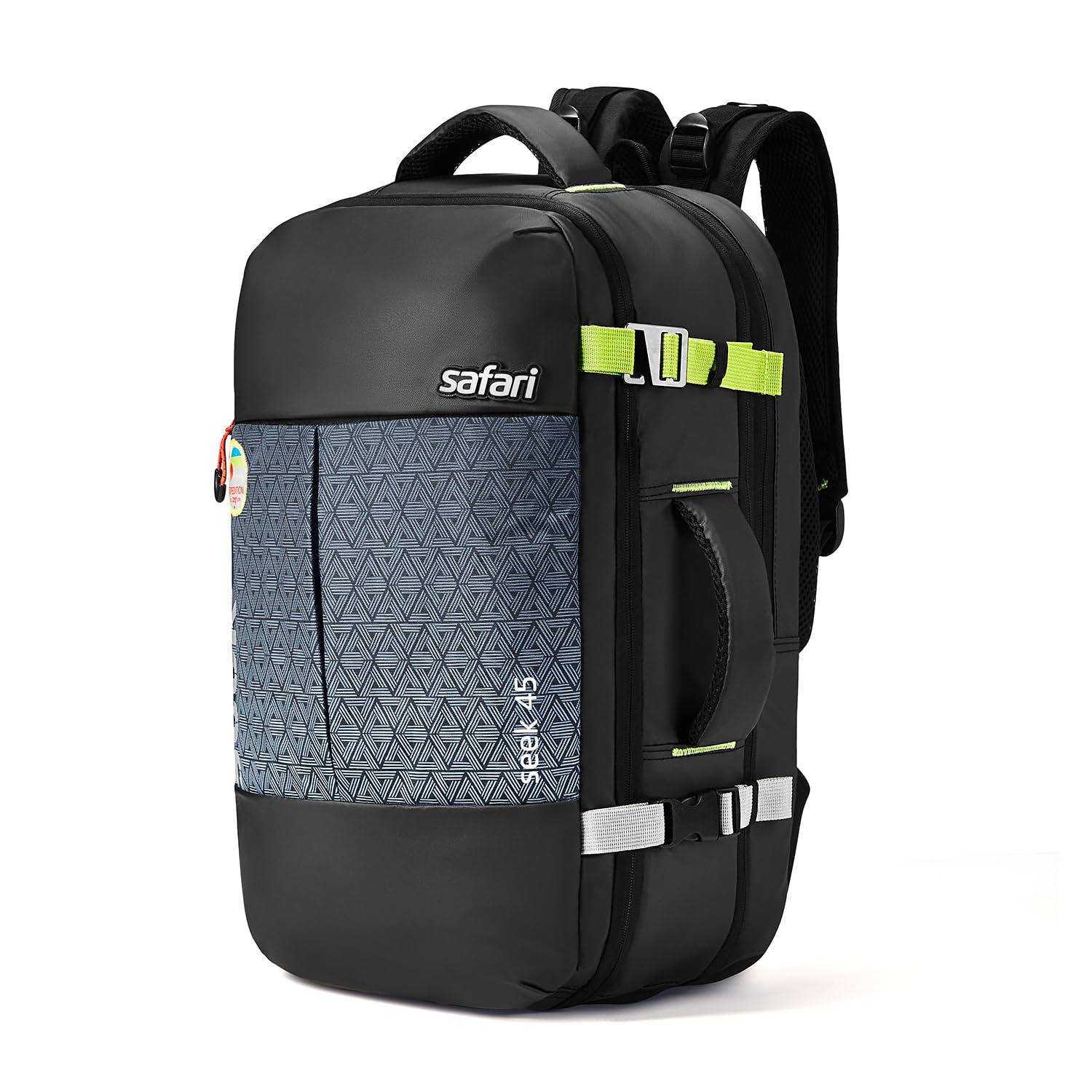 Safari Seek 45L Laptop Backpack Bag for Men and Women, School/College/Office Bag for Boys & Girls, Expandable Overnighter Casual Hiking Travel Bag with Suitcase Compartment, Color-Black