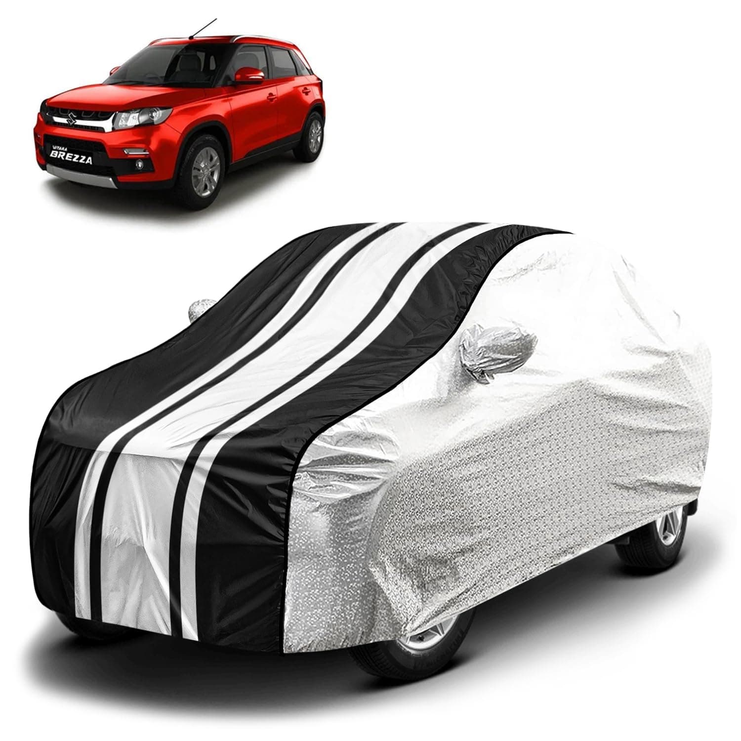 Fabtec Waterproof Car Body Cover for Maruti Brezza with Mirror Pocket and Soft Cotton Lining, Bottom Elastic, Triple Stitched (Metallic Silver with Black Stripes) Full Size (No Antenna Pocket)