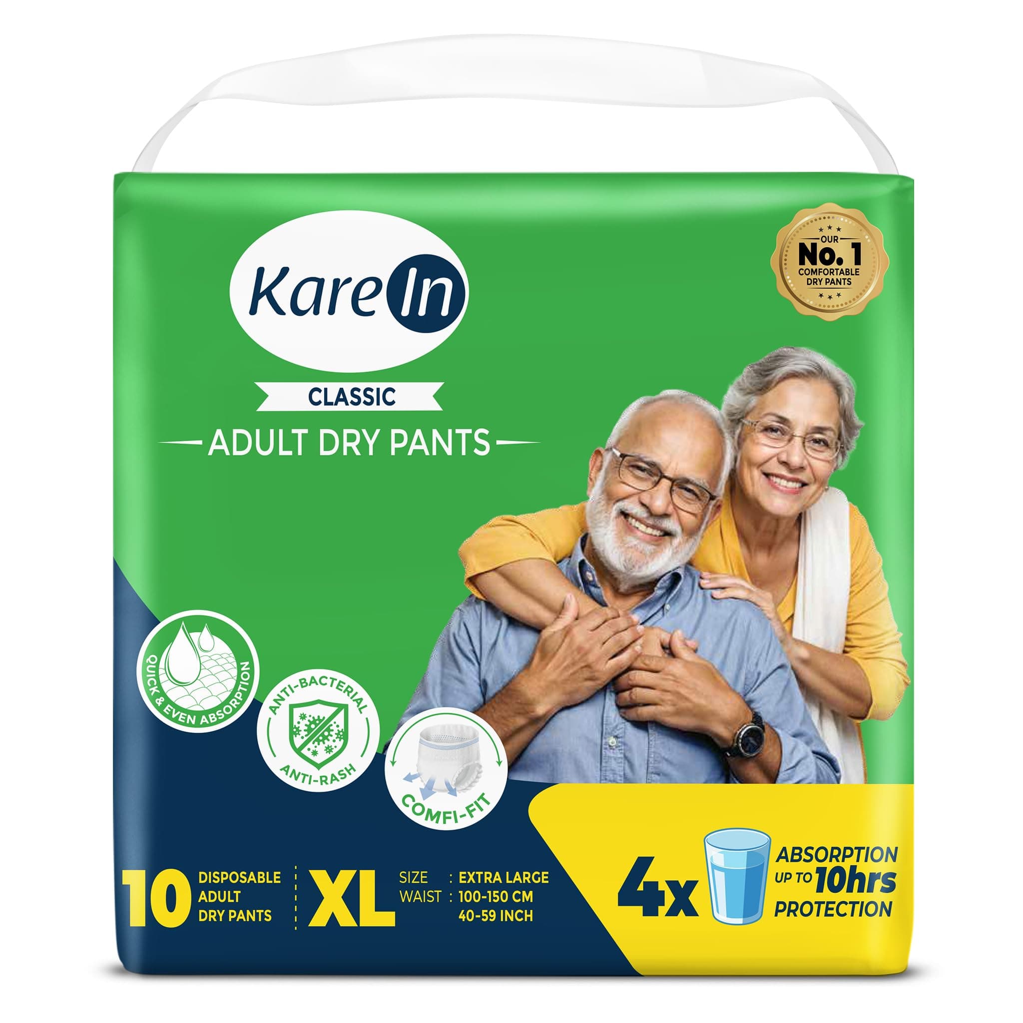 Karein Classic Adult Diaper Pant XL Size, Extra Large, Waist (100-150 cm 40'-59'), 10 Unit, Long Protection Hour, Unisex, Quick & Even Absorption, Leakproof, Odour Control, Wetness Indicator