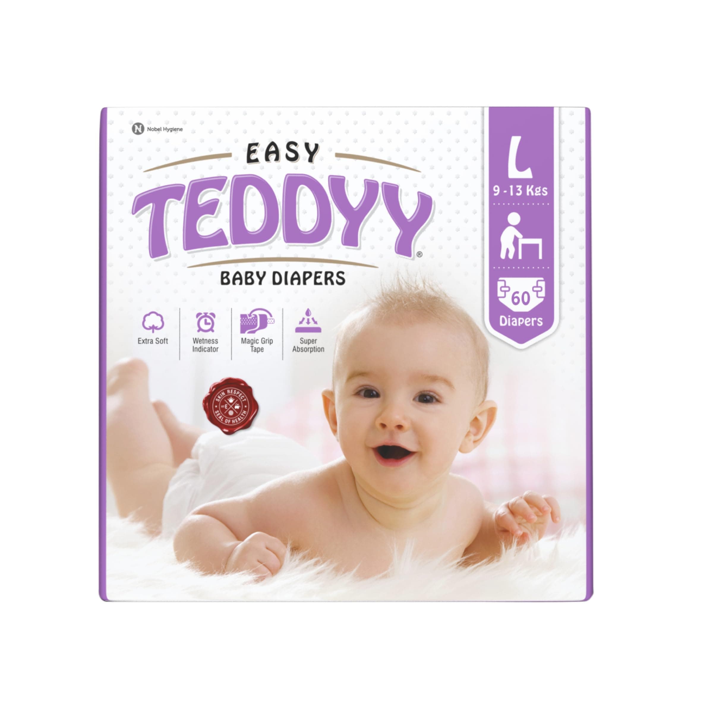 TEDDYY Easy Baby L Size Diaper Tape Style | 60 Count (Large) | 9-13 kgs (Pack of 1) | Quick Absorbency | Extra Super Soft | Anti - Bacterial | Wetness Indicator with Adjustable Grip Tapes