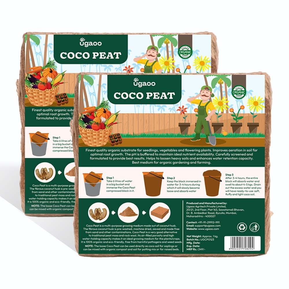 Ugaoo Cocopeat Block 2 Kg (1Kg Each) | Expands Upto 30 litres of Light Coco Peat Growing Medium | Pre-Washed Low-EC Cocopeat for Plants Seed and Potting Mix | Indoor and Outdoor Garden