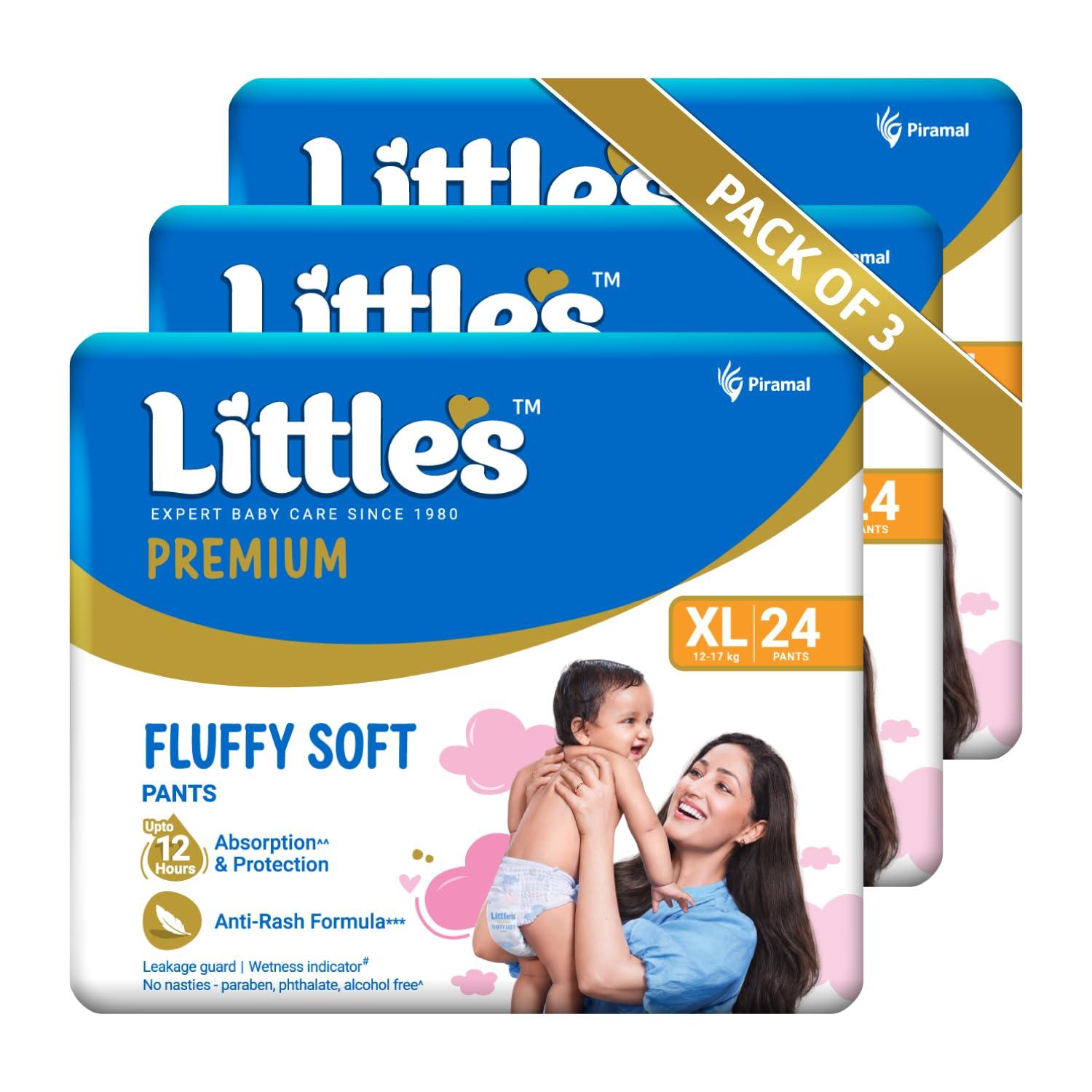 Little's Premium Baby Diapers XL Size (Extra Large) Pants Style | 12-17 kg | 72 Count | FluffySoft Baby Diaper with Leakage Guard, Wetness Indicator & 12 Hours Absorption | (24 Count, Pack of 3)