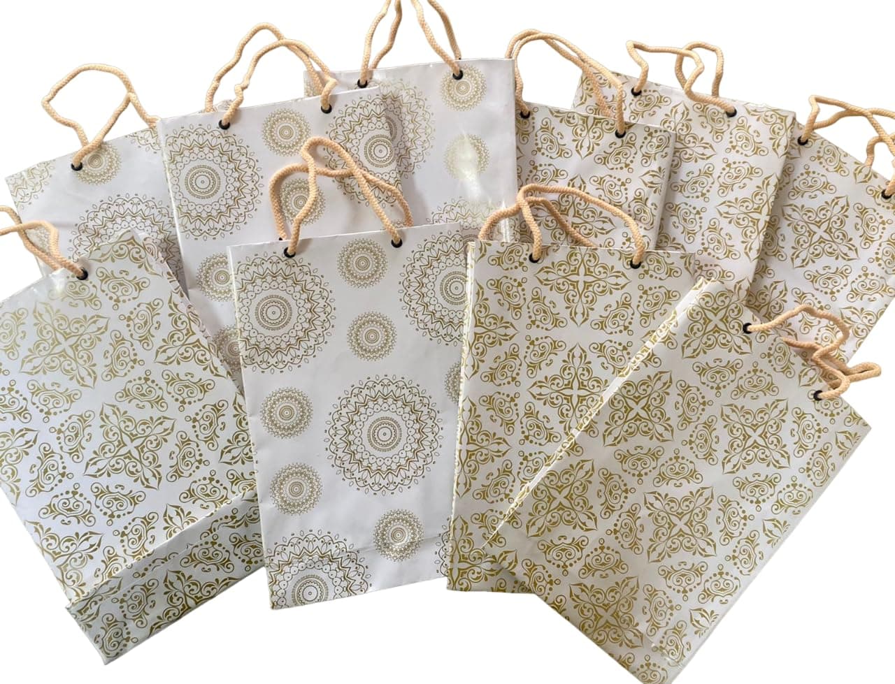 Creative Art White & Gold Paper Gift Bags Rectangle (Pack of 10) – Strong Kraft Paper, Elegant Design, Reusable & Recyclable, Ideal for Return Gifts, Baby Shower, Wedding & Party Gift Packing