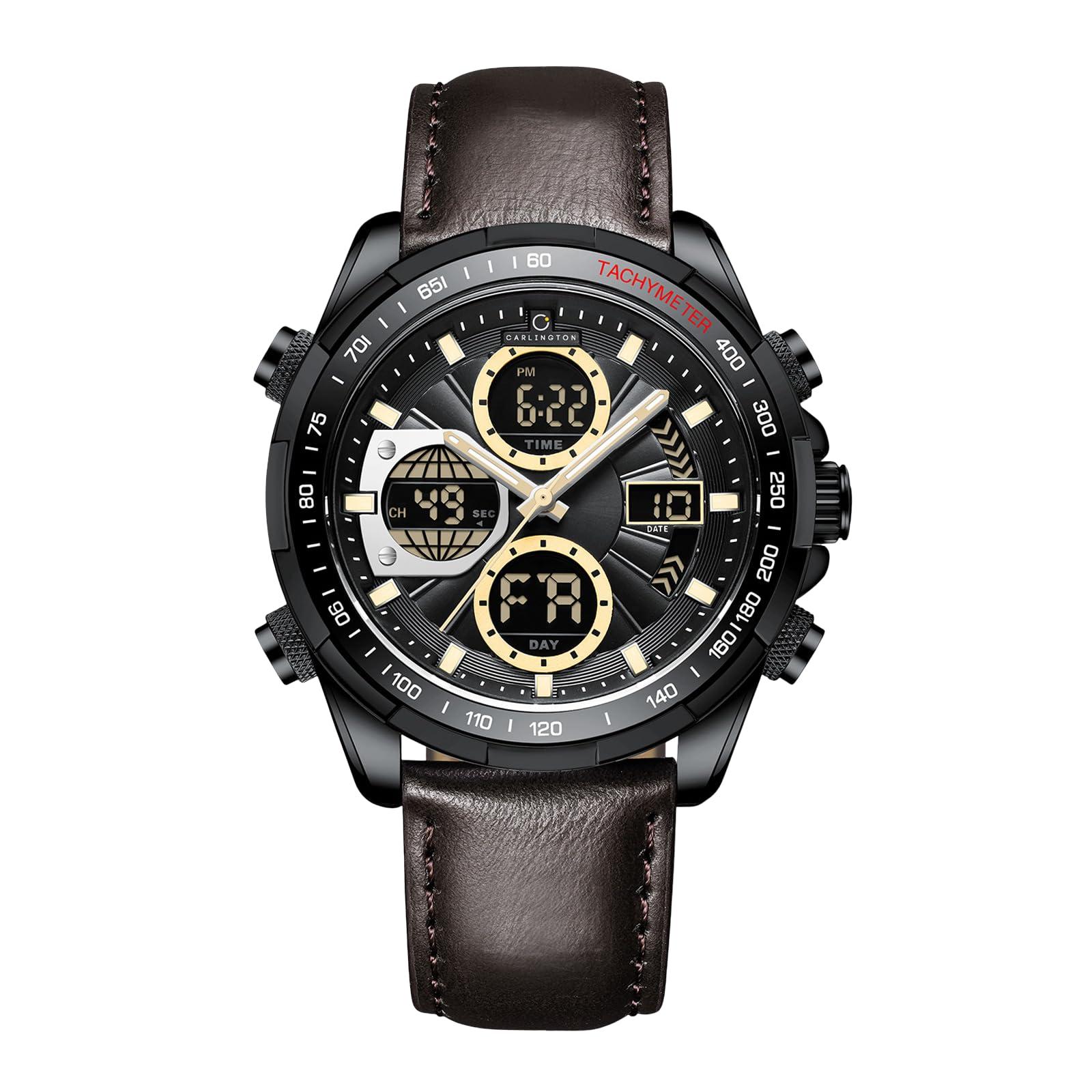 Carlington Nitro Analog-Digital Men’s Premium Leather Strap Wrist Watch | Quartz Movement | Water & Shock Resistant Watch for Men | Casual & Formal Wear - CT_9197