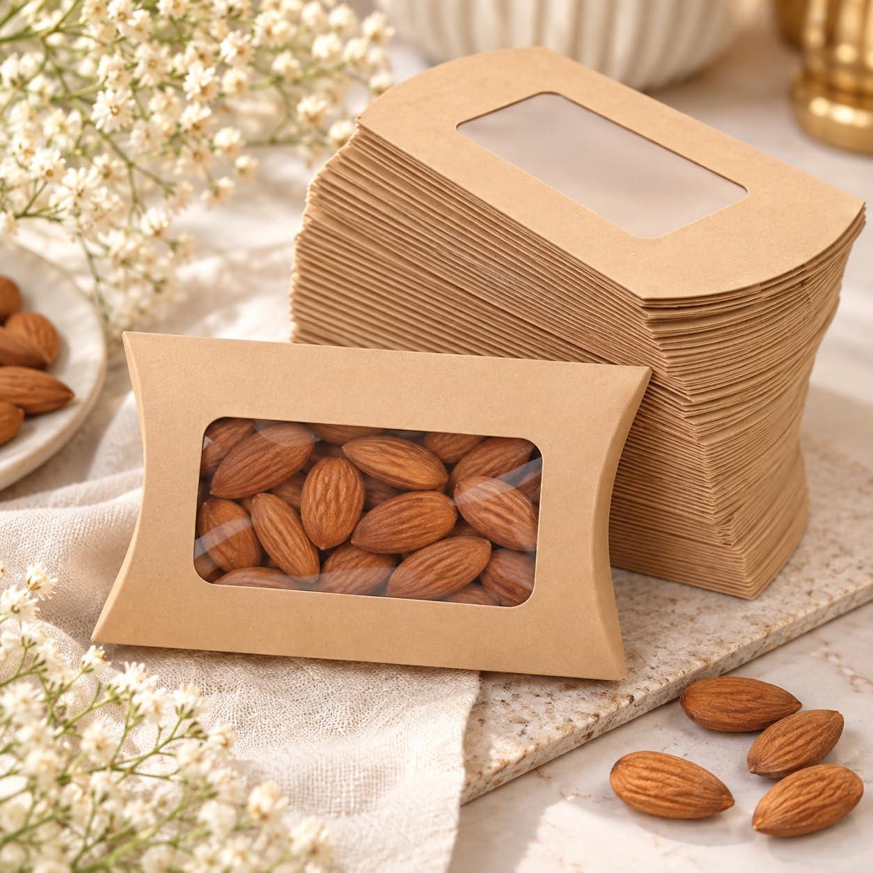 SATYAM KRAFT 50 Pcs Brown Small Paper Pillow Gift Boxes with Transparent Window | Folding Boxes for Wedding, Engagement, Shaadi Return Gifts, Festive Hampers, Chocolates, Dry Fruits & Mithai Packing (12.5 cm)