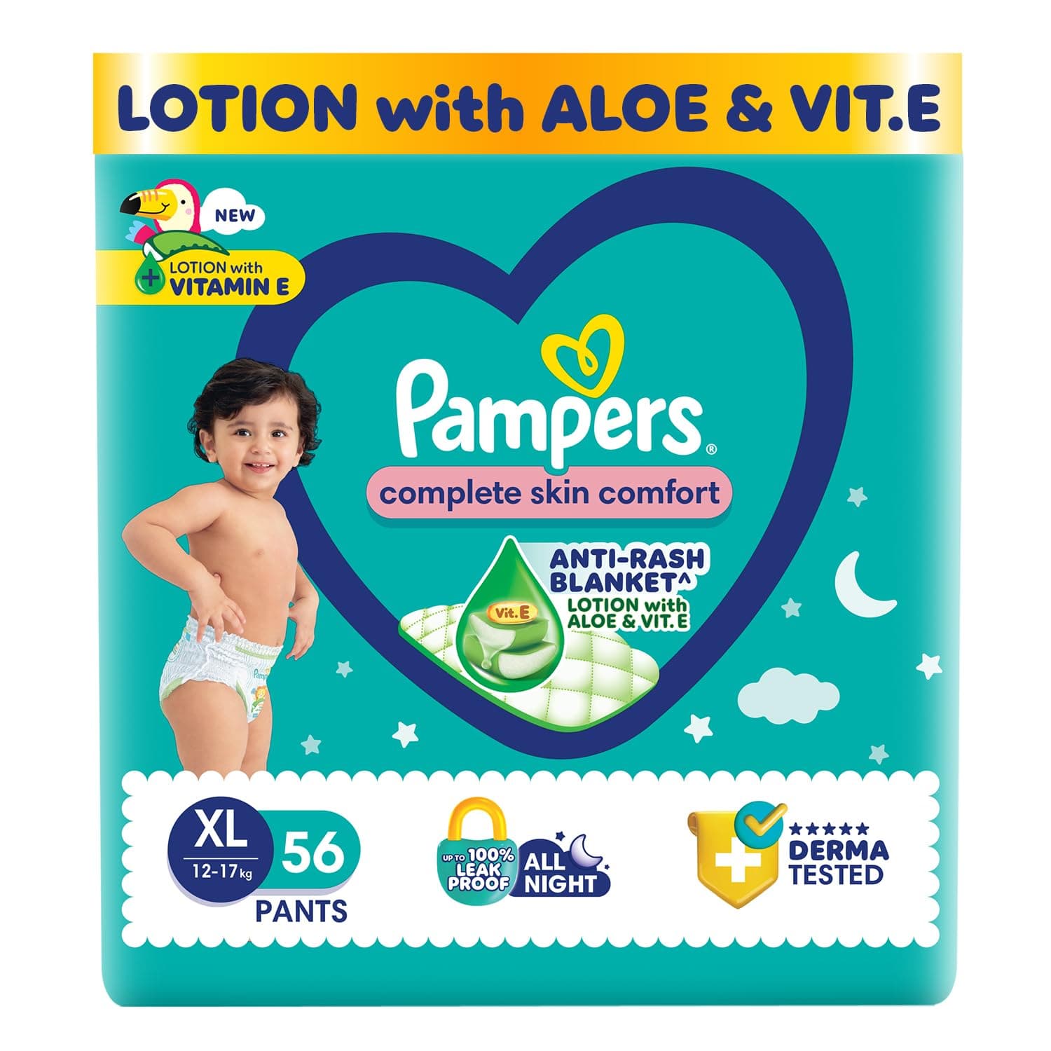 Pampers Complete Skin Comfort Pants, (XL) 56 Count, Anti-rash blanket, Lotion with Vitamin E & Aloe Vera, Extra Large size baby diapers, 12-17kg
