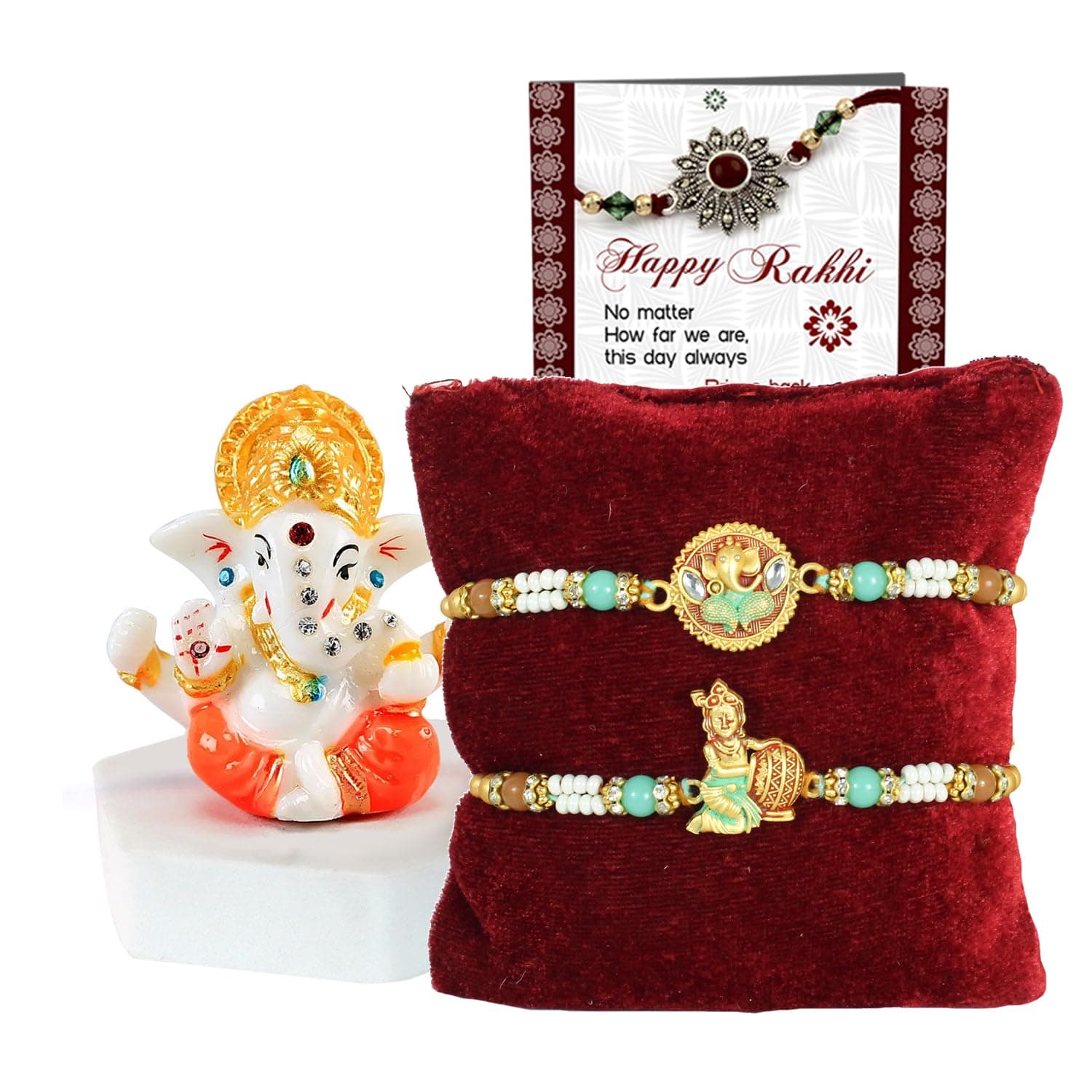 TIED RIBBONS Rakhi Gift for Brother - Set of 2 Premium Rakhi with Mini Idol Statue and Mini Greeting Card- Rakhi for Brother