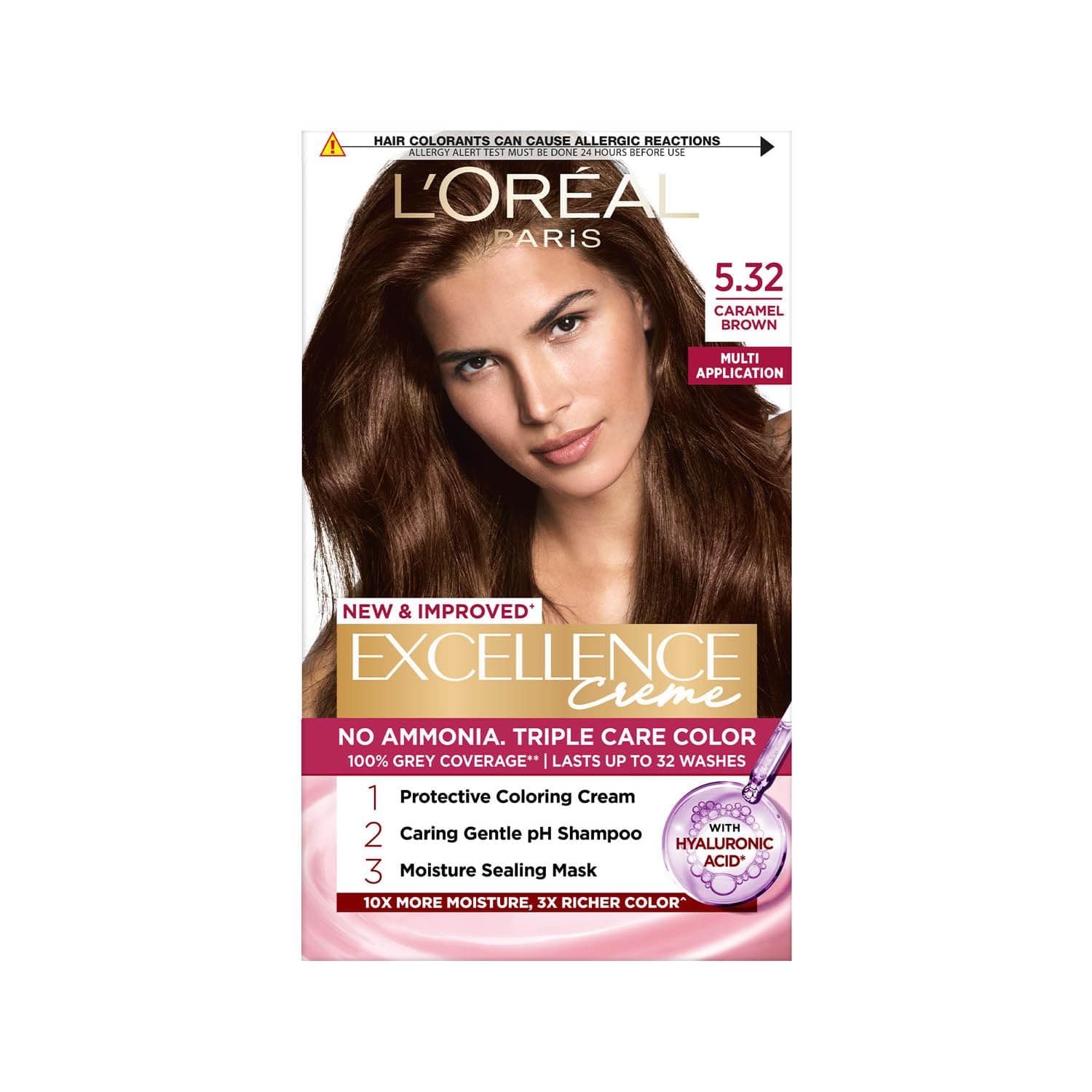 L'Oreal Paris Hair Colour, Radiant At-Home Hair Colour with up to 100% Grey Coverage, Excellence Creme, 5.32 Caramel Brown, 72ml+100g
