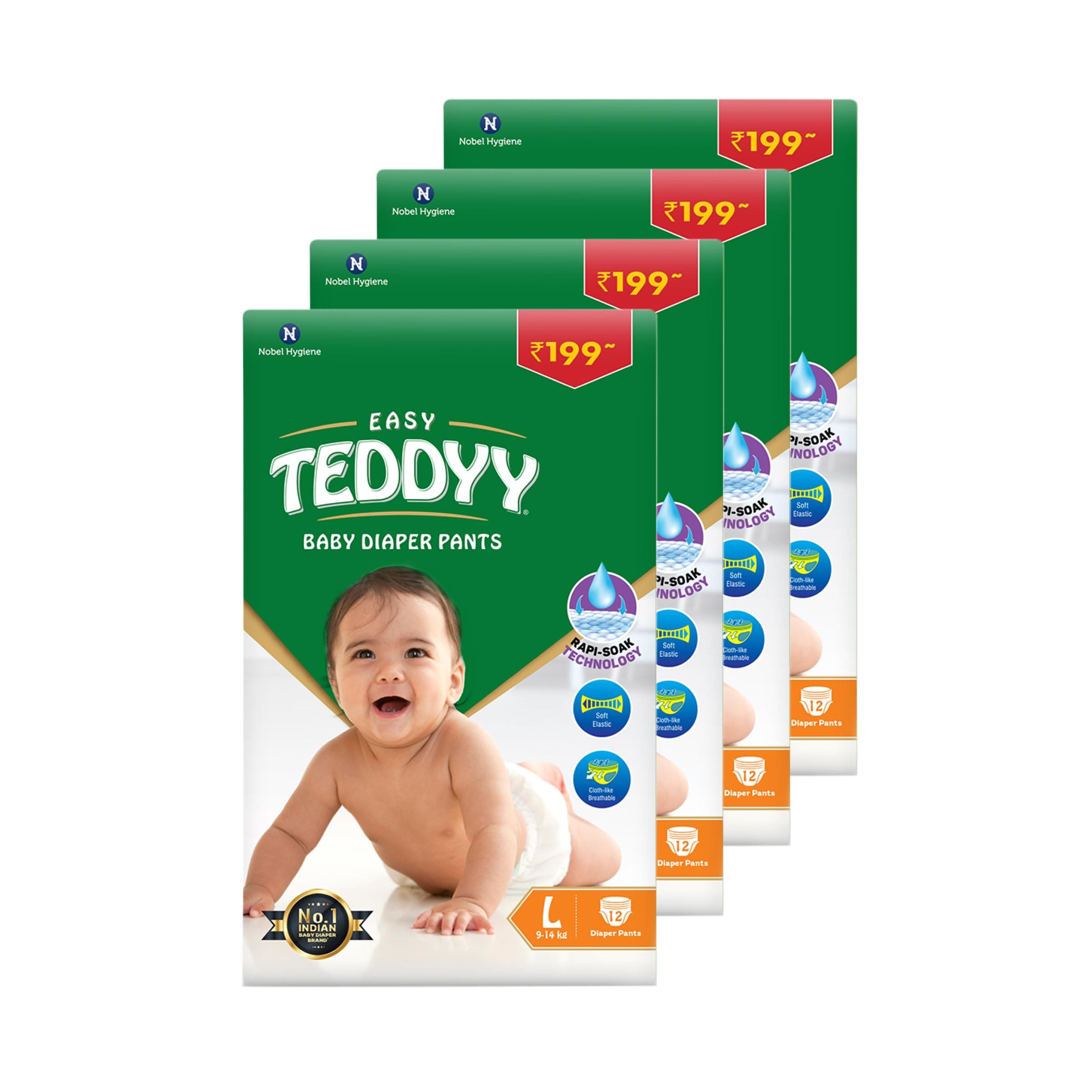 TEDDYY Easy Baby L Size Diaper Pant Style| 48 Count (Large) | 9–14 kg (Pack of 4) | Long Protection Hours | Anti-Bacterial | Airy Breathable Fit | Rapid Soaker Channels with Wetness Indicator