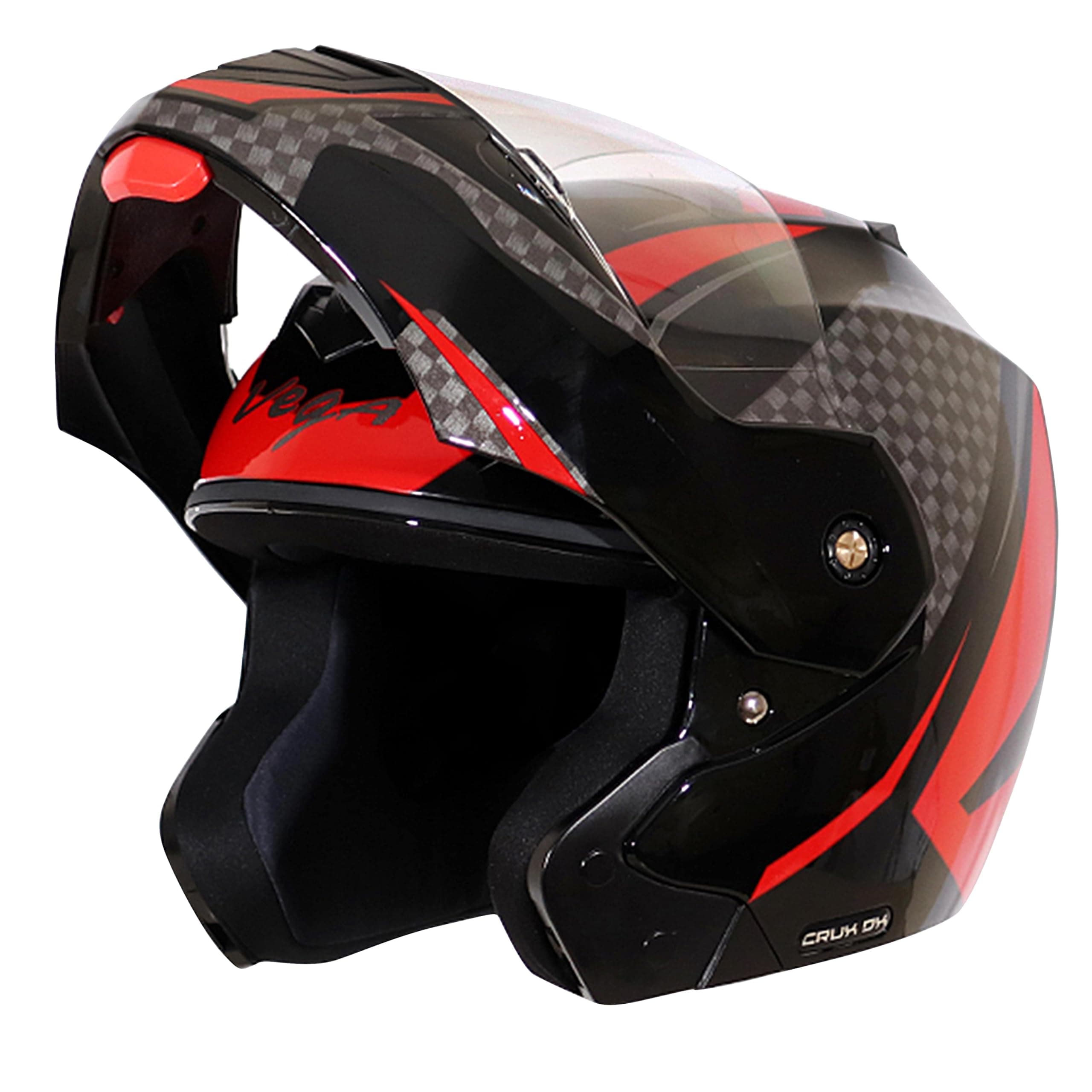 Vega Crux Dx Checks ISI Certified Gloss Smooth Finish Flip-Up Helmet for Men and Women with Clear Visor(Black Red, Size:M)