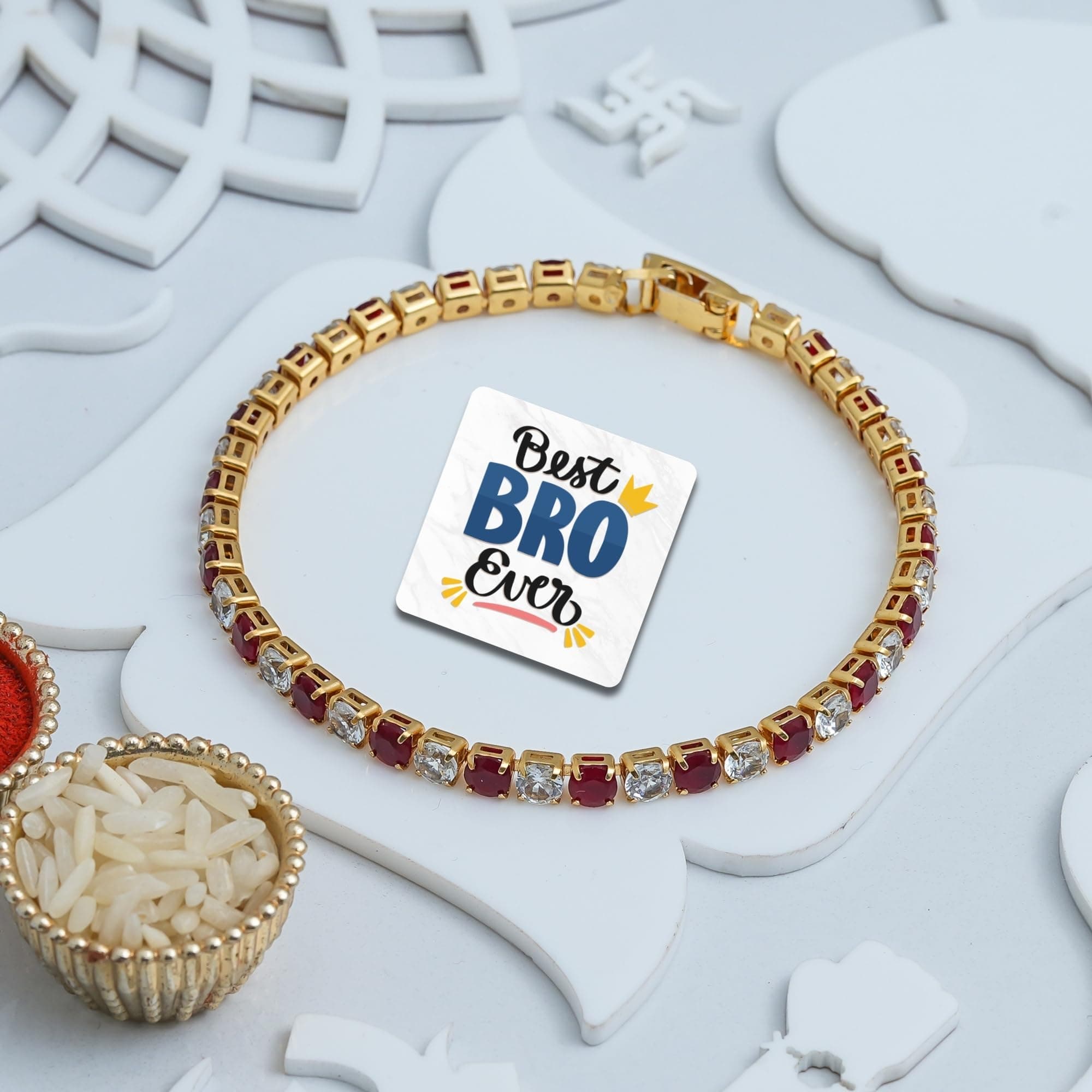 eCraftIndia Red White Stone Studded Evil Eye Bracelet Rakhi with Best Bro Ever Fridge Magnet | Designer Rakhi for Brother Bhaiya Bhai Bhabhi | Roli Chawal Pack