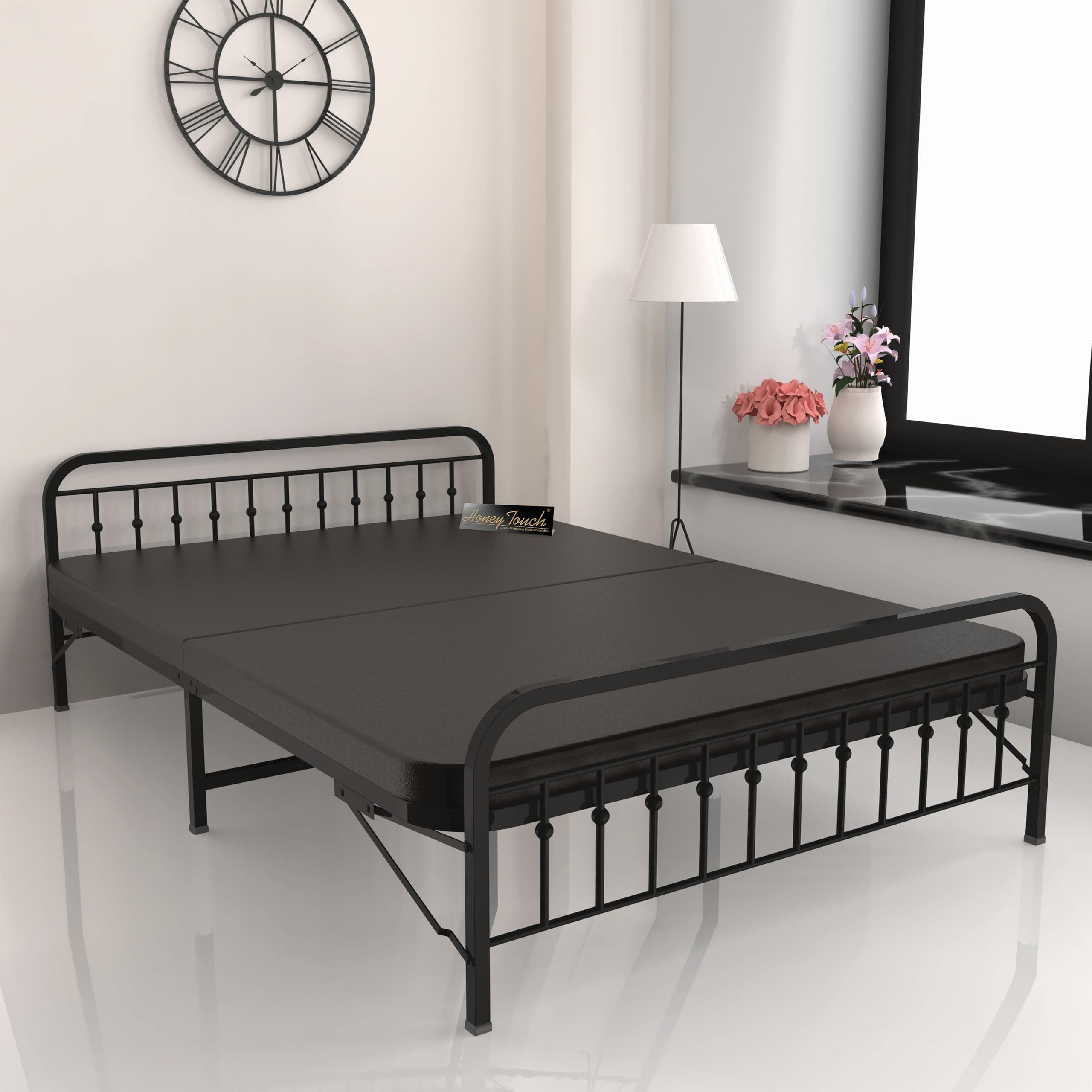 Honey Touch Nova Folding Double Bed with Mattress | No Assembly Required | Foldable Bed for Sleeping/Guests/Rented Apartments/Bedroom(4x6.25ft, Black)