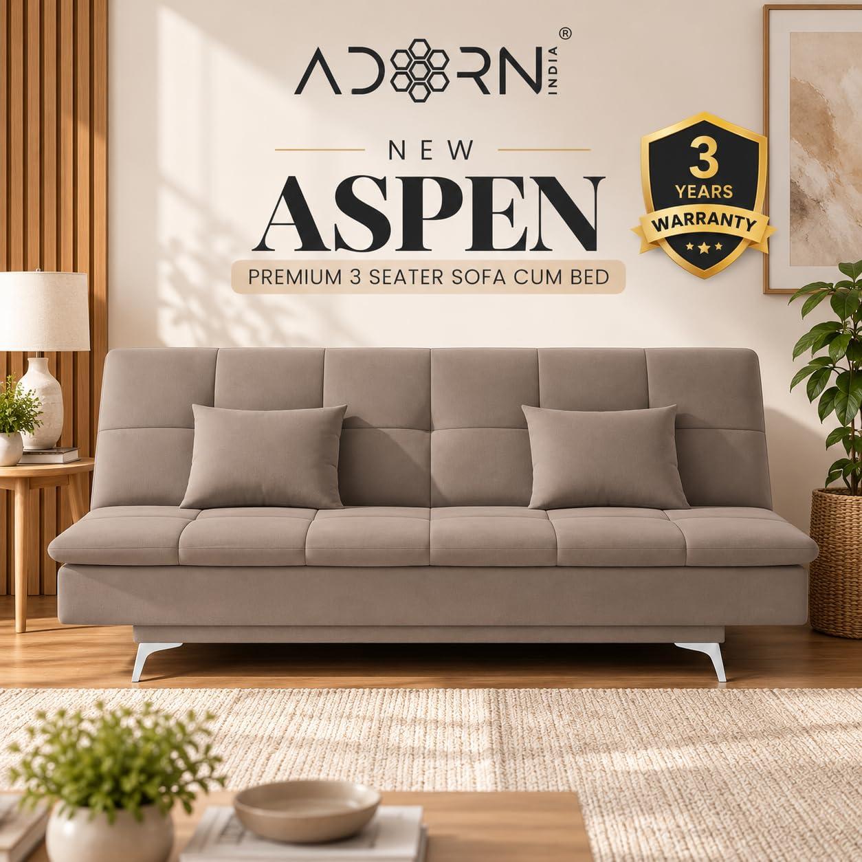 Adorn India Premium New Aspen 3 Seater Sofa Cum Bed 4×6 | Velvet Suede Fabric | Convertible Sofa Bed for Living Room | 2 Cushions | Camel | 3 Years Warranty
