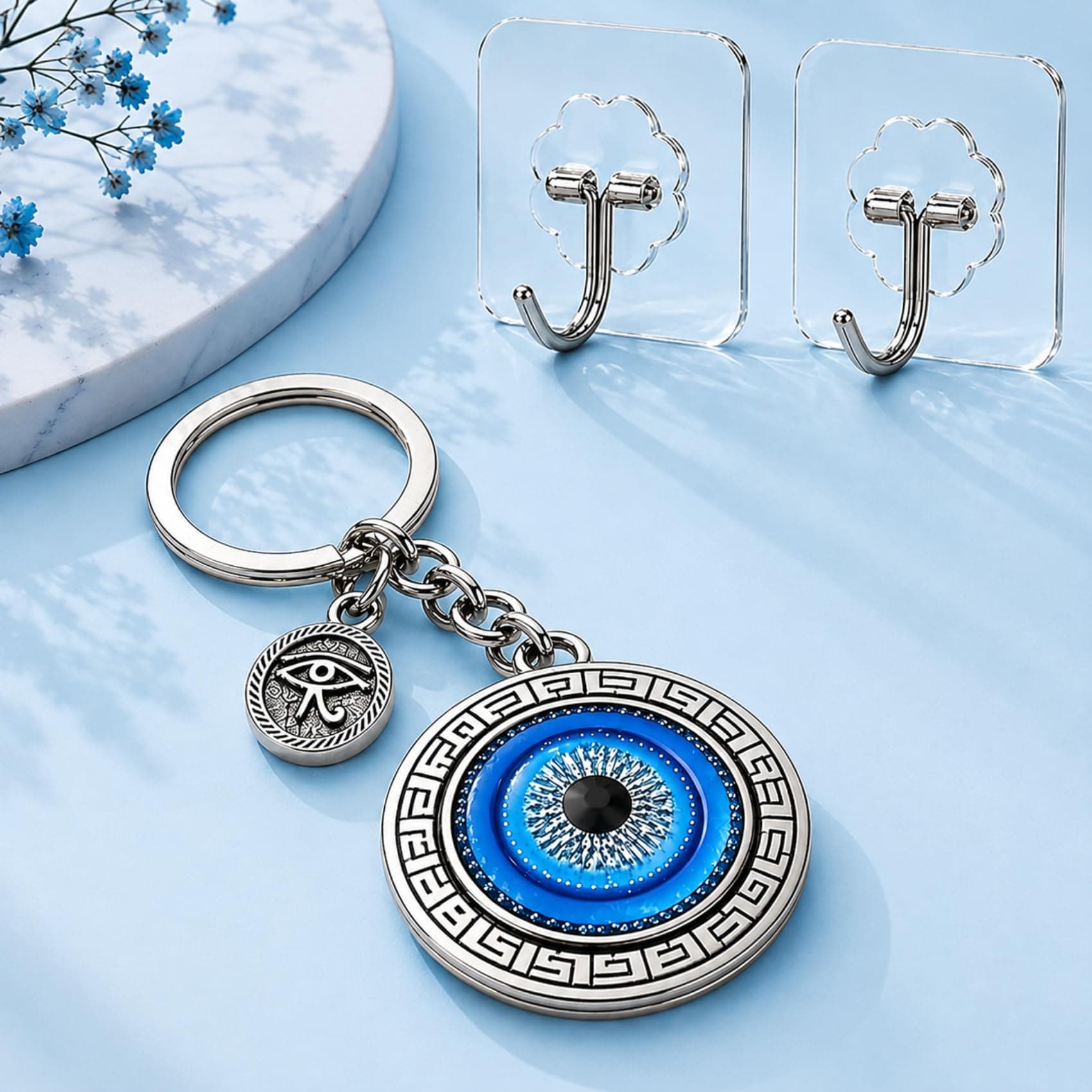 AutokraftZ Evil Eye Keychain for Bike Car and Home Keys with Adhesive Hook | Good Luck Protection Charm Key Ring | Stylish Evil Eye Key Chain for Positivity | Gifting & Decorative Purpose