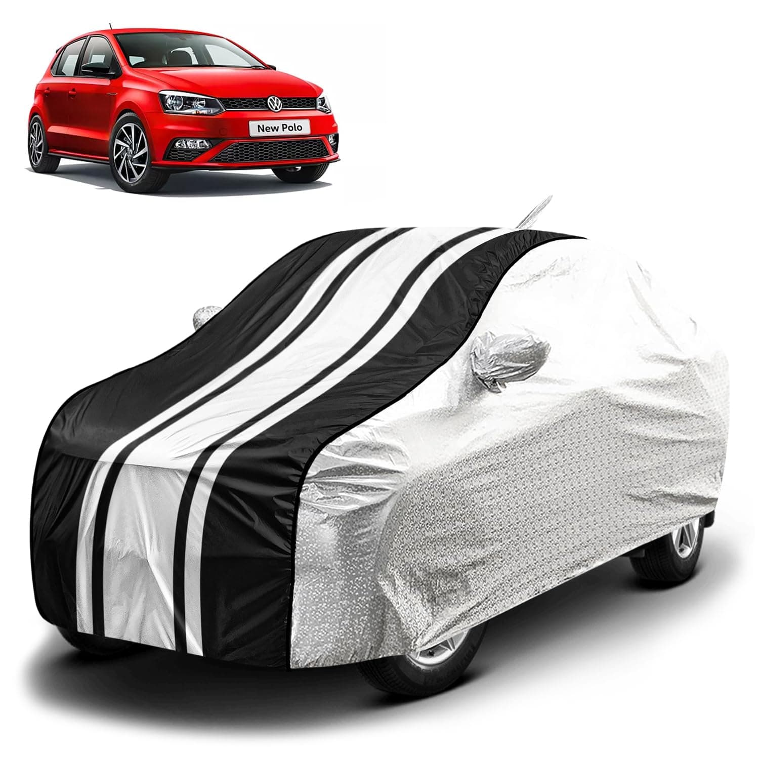 Fabtec Waterproof Car Body Cover for Volkswagen Polo with Mirror and Antenna Pocket and Soft Cotton Lining, Bottom Elastic, Triple Stitched (Metallic Silver with Black Stripes)
