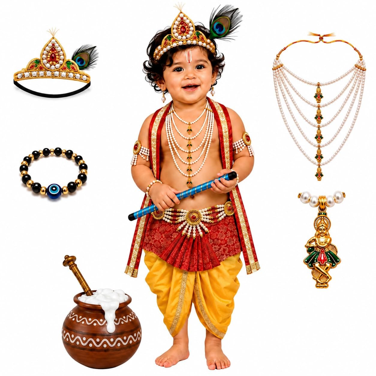 Raj Costume Shri Krishna Dress for Kids, Bal Krishna Costume for Baby Boy and Girl, Janmashtami Fancy Dress Costume, Krishna Dress for Kids