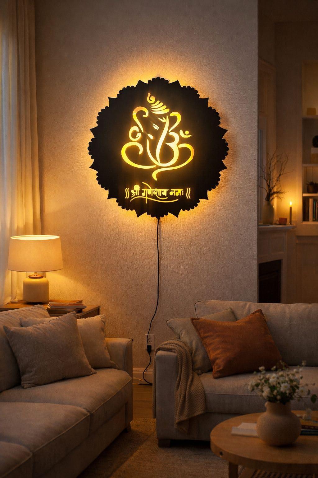 Navneet Creation Lord Ganesha Wooden 3D LED Wall Art Lamp with Multicolour Backlight (18x18 Inch) | Decorative Ganpati Logo Light for Bedroom, Living Room, Home Décor