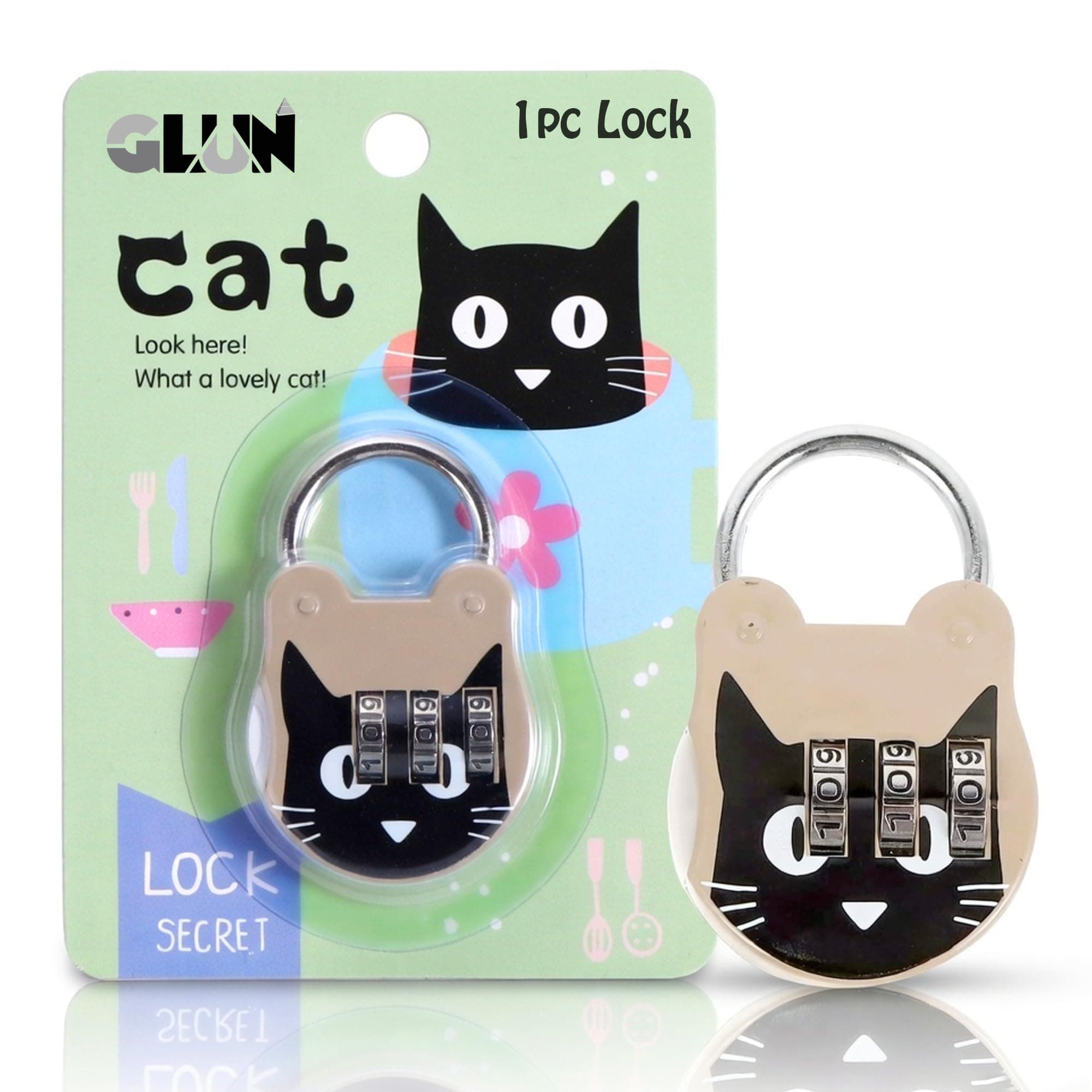 GLUN® Printed Cute Cat 3 Number Rechangeable Combination Pad Lock, Metal Body Paint Coated Number Lock for Luggage & Bags