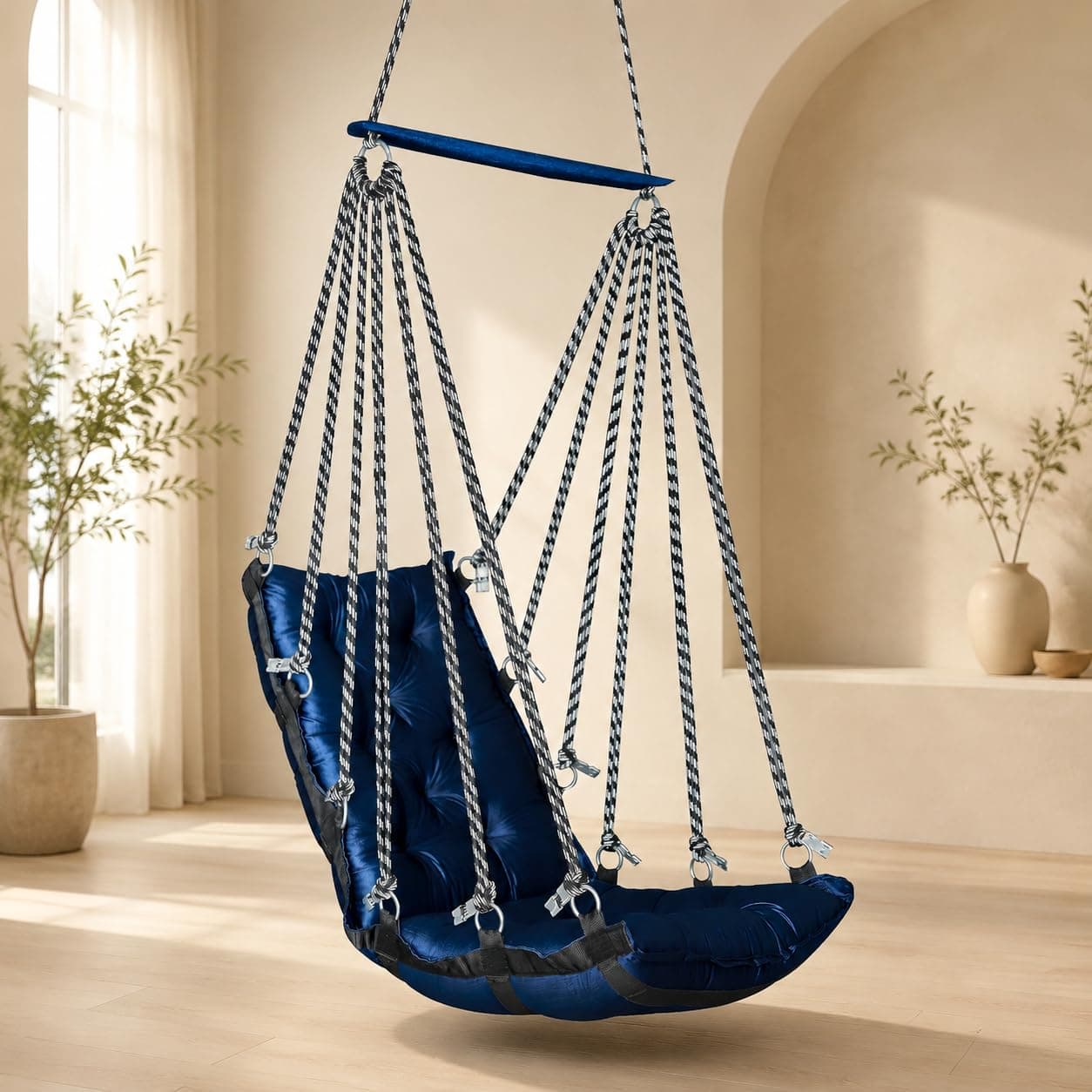 JULJULIA Swing for Balcony Comfortable Cotton Swing Relaxing Jhula for Adults for Home Indoor Outdoor Hanging Seat for Apartment Patio Terrace Garden- 200 kg Weight Capacity - Plain Low Blue