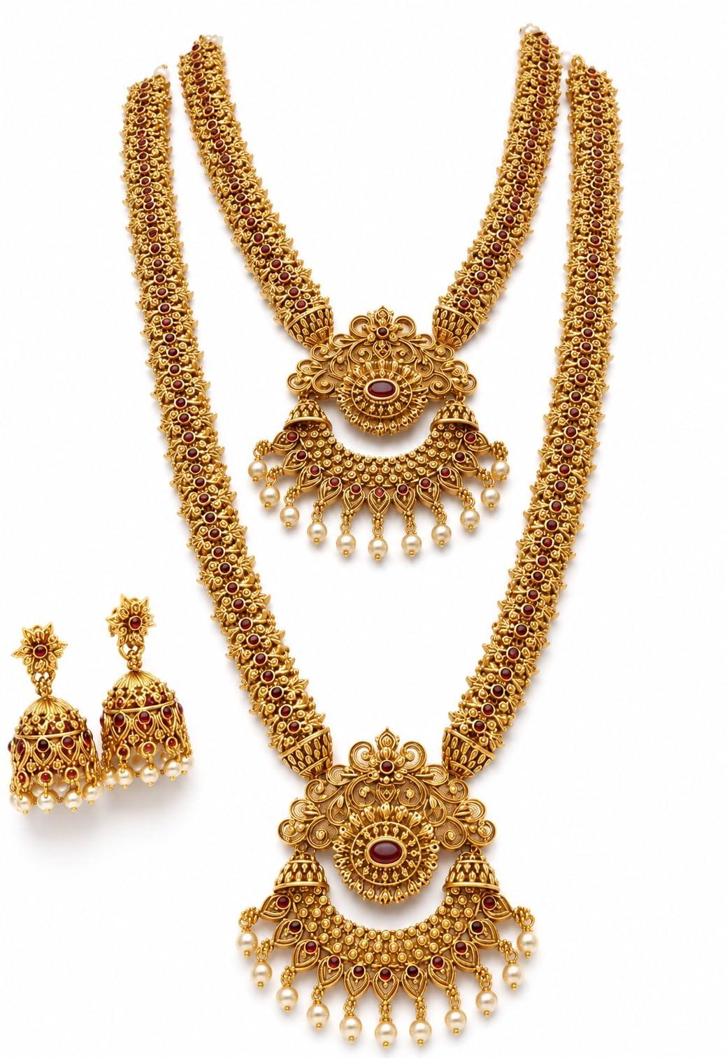 South Indian Traditional Antique Matte Gold Finish Goddess Lakshmi & Peacock Motif Long Necklace Set with Jhumka Earrings for Women | Ethnic Temple Jewellery for Weddings, Brides & Festivals (Ghummar)