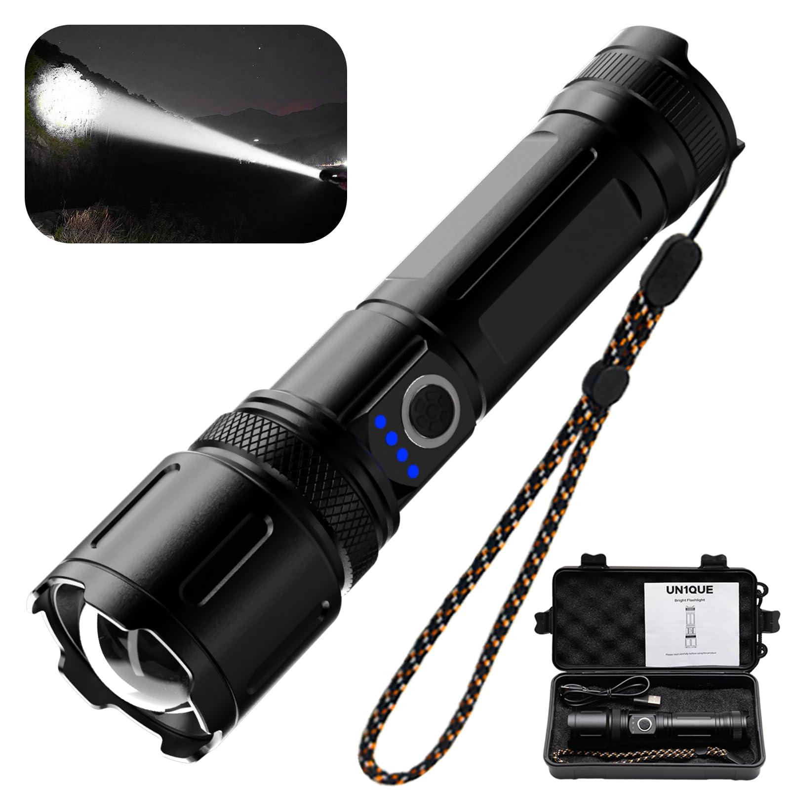 UN1QUE 20000 Lumens High Power Torch Light, Torch Rechargeable with 4 Light Modes, Adjustable Focus Flashlight, IP45 Water-Resistant, Black