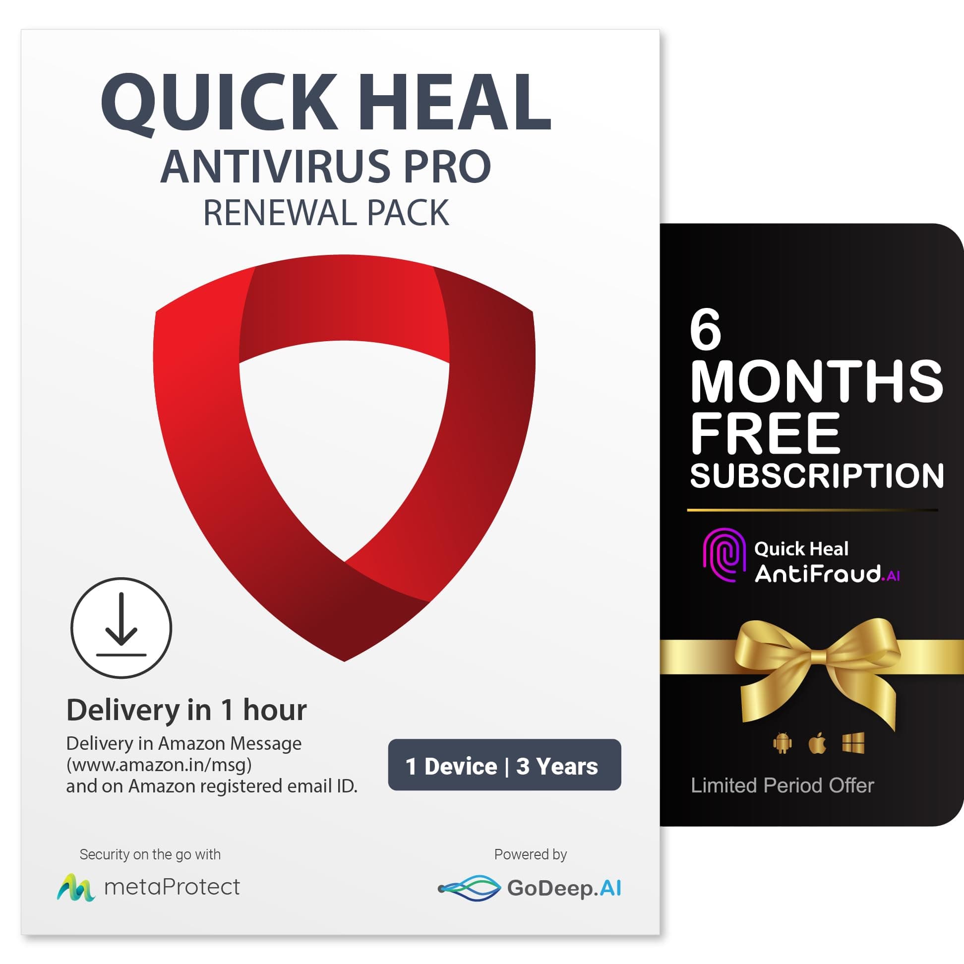 Quick Heal Antivirus Pro Renewal | Windows PC/Laptop | 1 User, 3 Year | Existing 1 User AV Pro Subscription Required | Email Delivery in 1 hr |+ 6 month AntiFraud.AI for IOS/Android