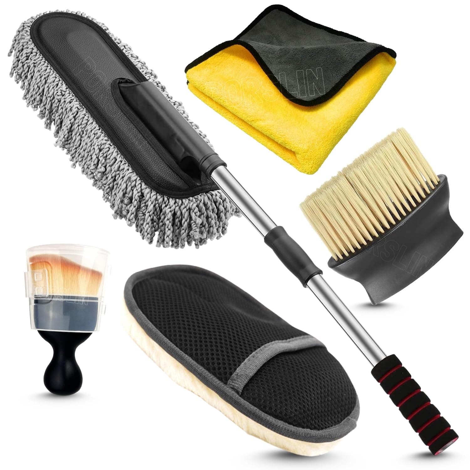 Porslin 5 Pcs Microfiber Car Duster Kit | Extendable Long Handle Cleaning Tools | Scratch-Free Interior & Exterior Brush Set | Lint-Free Car Accessories for Cars, SUVs, Bikes & Home Detailing