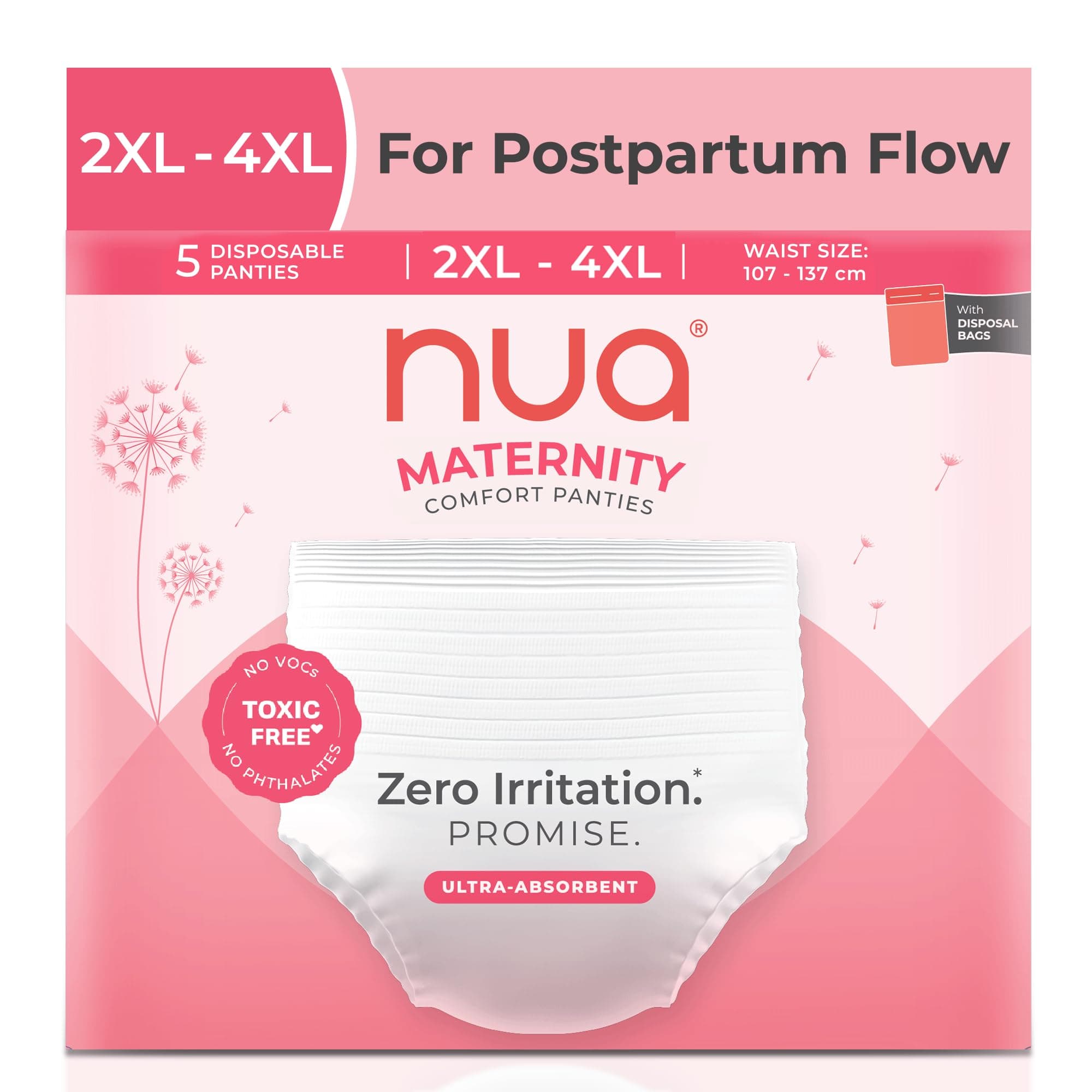 Nua 360° Comfort Maternity Panties XXL-XXXL (38-54 INCHES) | Pack of 5 | For Postpartum Bleeding and Clots | Absorbs Heavy Gushes | Zero Irritation | 4x Comfort | 360 Degree Protection | Soft | Breathable | 100% Toxic-Free, Dermatologically Tested