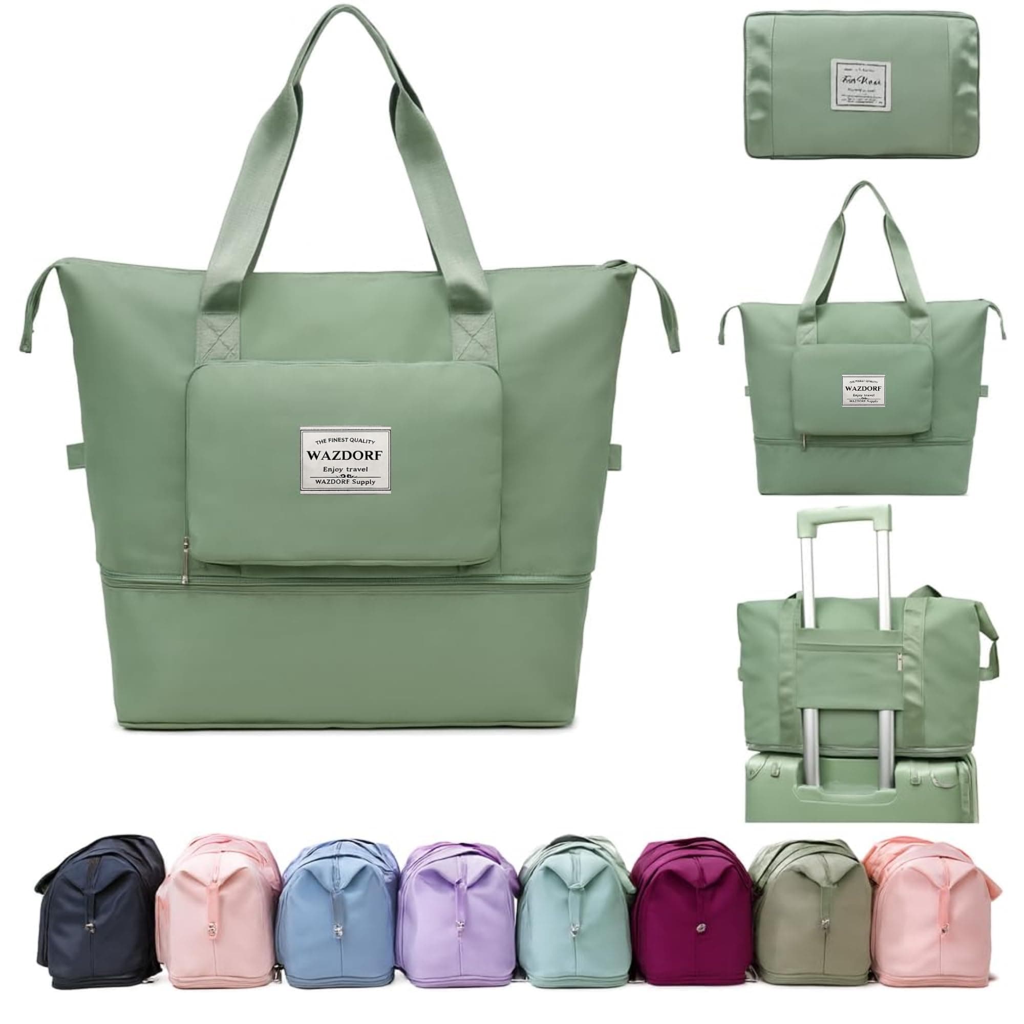 Wazdorf Nylon 41 Liter Expandable Travel Bags for Women, Duffle Bags for Women Luggage, Foldable Vanity Traveling Bag, Waterproof Hand Bag for Ladies Personal Items,Light Green