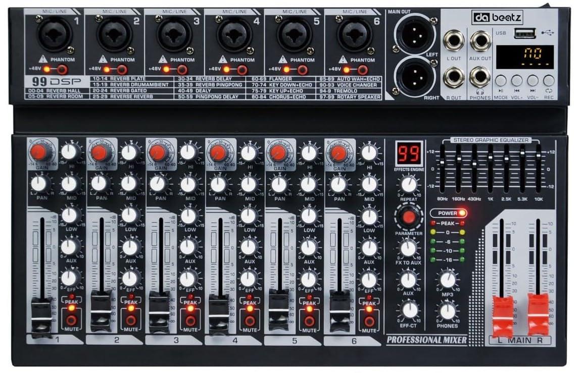 Dabeatz MX06 6 Channel Audio Mixer with 6×XLR/6.35mm Inputs, Bluetooth, USB/PC/MP3 Playback, 99 DSP Effects, 7-Band EQ, Mute, Recording, +48V Phantom Power – DJ, Karaoke, Studio & Live Sound
