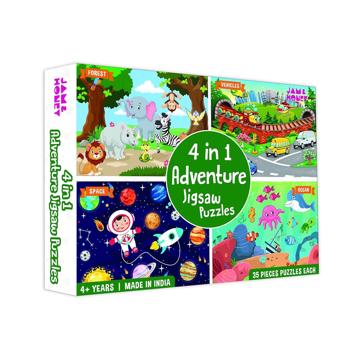 Amazon Brand - Jam & Honey 4 in 1 Adventure - Puzzles for Kids | 35-Piece Puzzles | Educational Toy for Cognitive Development | Vibrant Colors